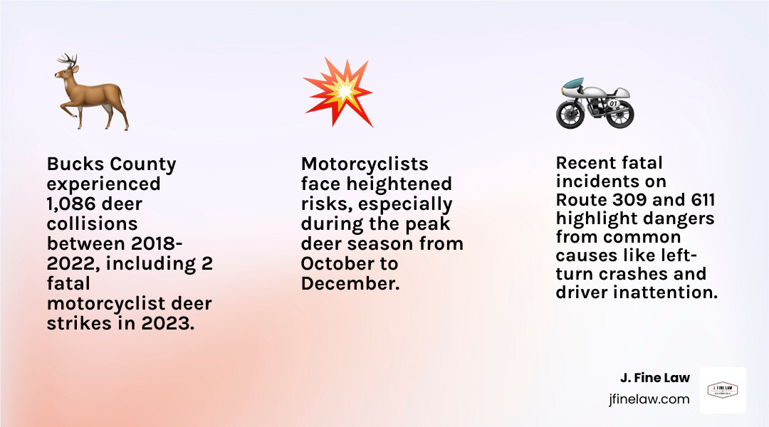 Infographic showing Bucks County motorcycle accident statistics: 2 motorcyclist deaths from deer strikes in 2023, 1,086 deer collisions between 2018-2022, recent fatal crashes on Route 309 and Route 611, common causes including left-turn collisions and animal strikes, peak danger season October-December, and immediate steps to take after a crash - Bucks County motorcycle accident infographic 3_facts_emoji_light-gradient Infographic showing Bucks County motorcycle accident statistics: 2 motorcyclist deaths from deer strikes in 2023, 1,086 deer collisions between 2018-2022, recent fatal crashes on Route 309 and Route 611, common causes including left-turn collisions and animal strikes, peak danger season October-December, and immediate steps to take after a crash - Bucks County motorcycle accident infographic 3_facts_emoji_light-gradient