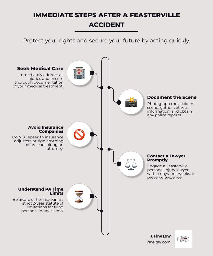 Infographic showing immediate steps after an accident in Feasterville: 1. Seek medical care immediately and document all injuries 2. Photograph the accident scene and gather witness information 3. Do NOT speak to insurance companies before consulting an attorney 4. Contact a Feasterville personal injury lawyer within days, not weeks 5. Understand Pennsylvania's 2-year statute of limitations for filing claims 6. Know that modified comparative negligence allows recovery if you're less than 51% at fault - feasterville personal injury lawyer infographic infographic-line-5-steps-elegant_beige Infographic showing immediate steps after an accident in Feasterville: 1. Seek medical care immediately and document all injuries 2. Photograph the accident scene and gather witness information 3. Do NOT speak to insurance companies before consulting an attorney 4. Contact a Feasterville personal injury lawyer within days, not weeks 5. Understand Pennsylvania's 2-year statute of limitations for filing claims 6. Know that modified comparative negligence allows recovery if you're less than 51% at fault - feasterville personal injury lawyer infographic infographic-line-5-steps-elegant_beige