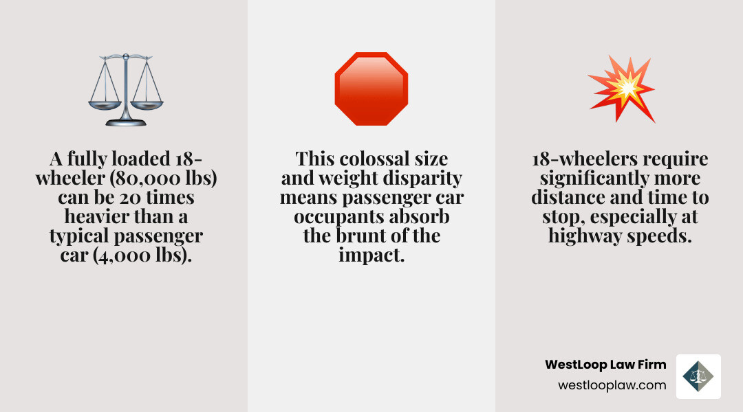 Infographic showing a side-by-side comparison of an average passenger car weighing 4,000 pounds versus a fully loaded 18-wheeler weighing 80,000 pounds, with visual representation of their size difference, stopping distances at highway speeds, and the force of impact in a collision - 18 wheeler accident Houston infographic 3_facts_emoji_grey Infographic showing a side-by-side comparison of an average passenger car weighing 4,000 pounds versus a fully loaded 18-wheeler weighing 80,000 pounds, with visual representation of their size difference, stopping distances at highway speeds, and the force of impact in a collision - 18 wheeler accident Houston infographic 3_facts_emoji_grey
