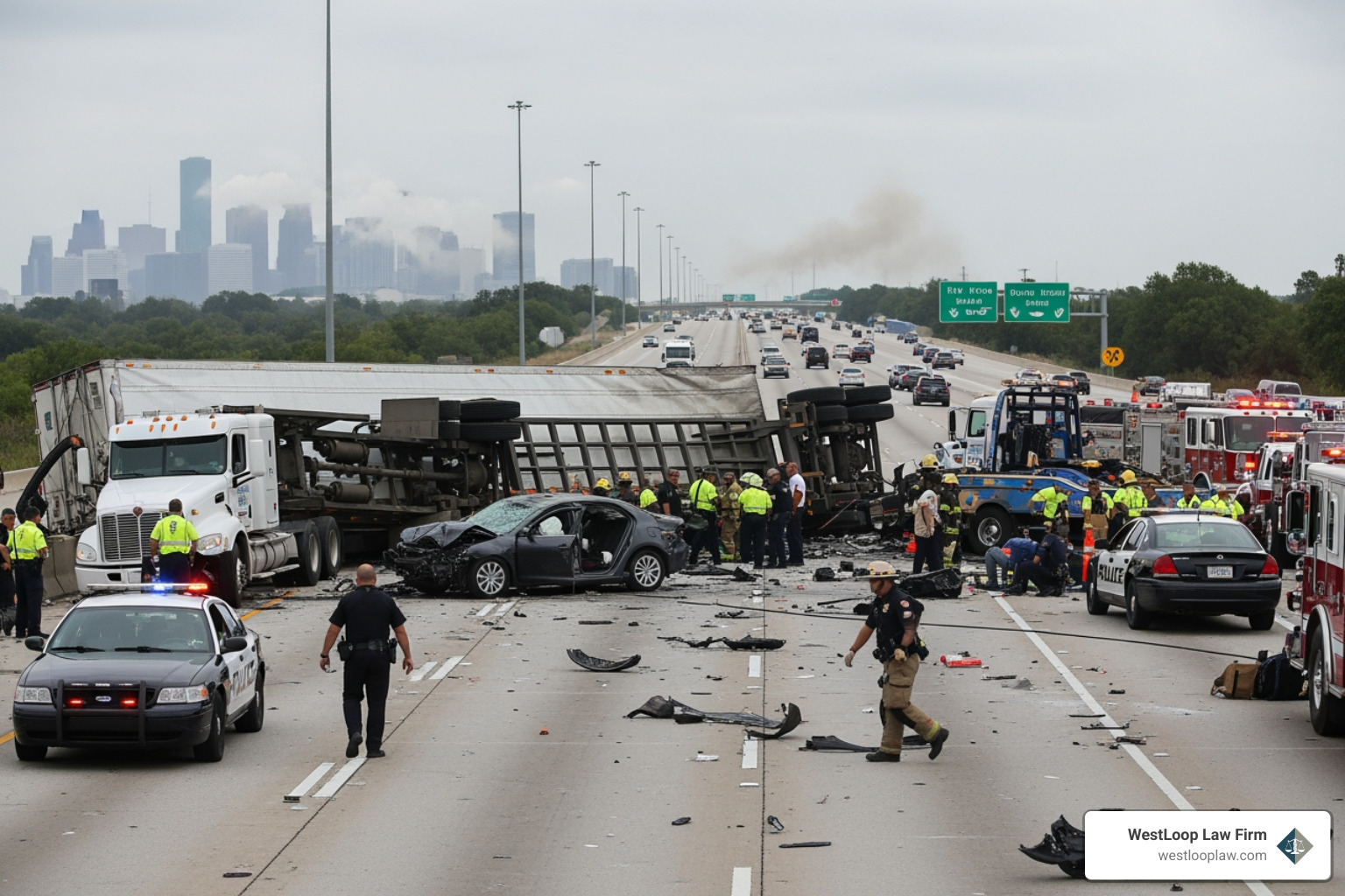 Serious 18-wheeler accident scene on a Houston freeway - 18 wheeler accident Houston Serious 18-wheeler accident scene on a Houston freeway - 18 wheeler accident Houston