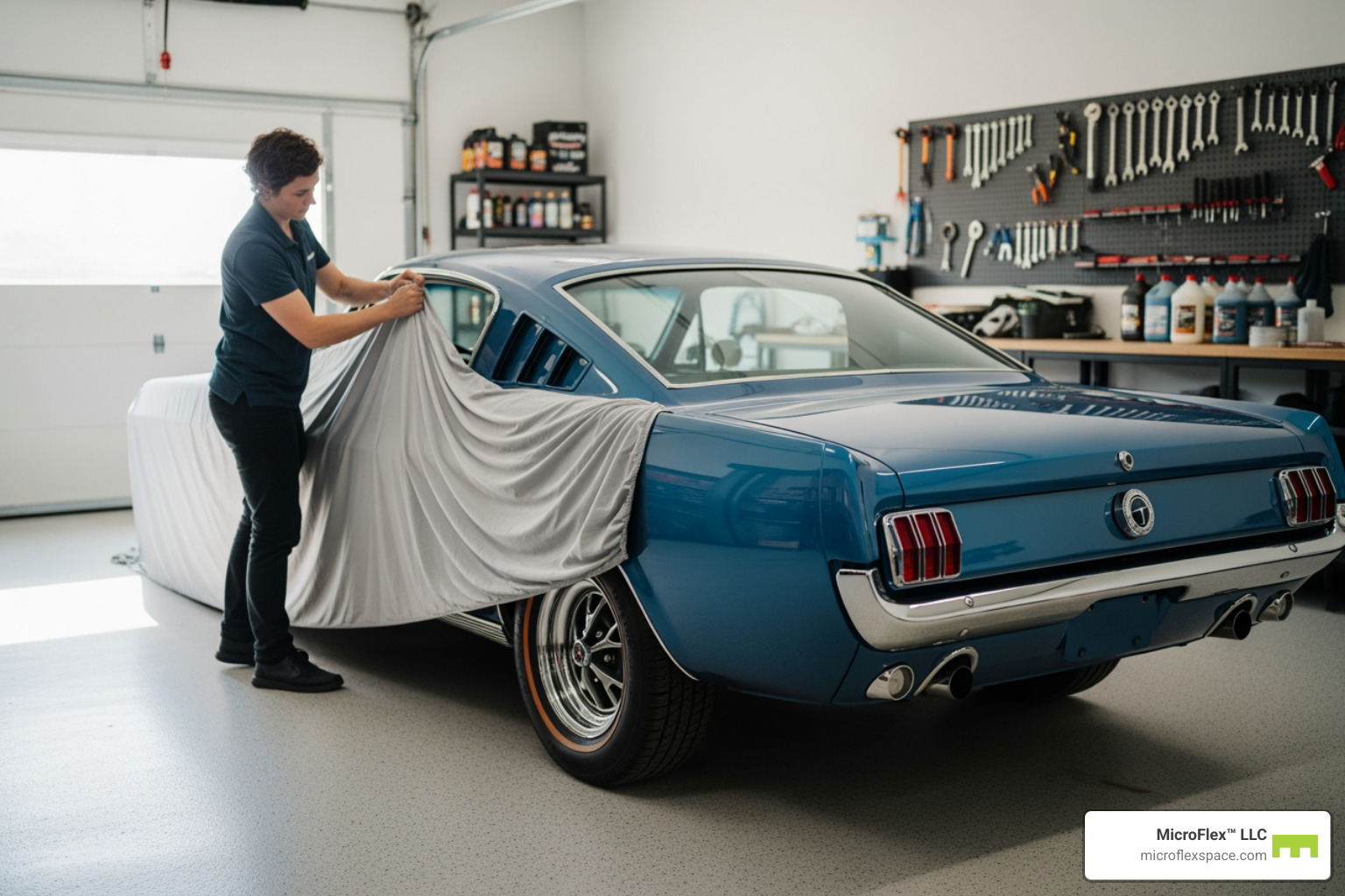 A person placing a cover over a clean car before storage - temporary vehicle storage A person placing a cover over a clean car before storage - temporary vehicle storage