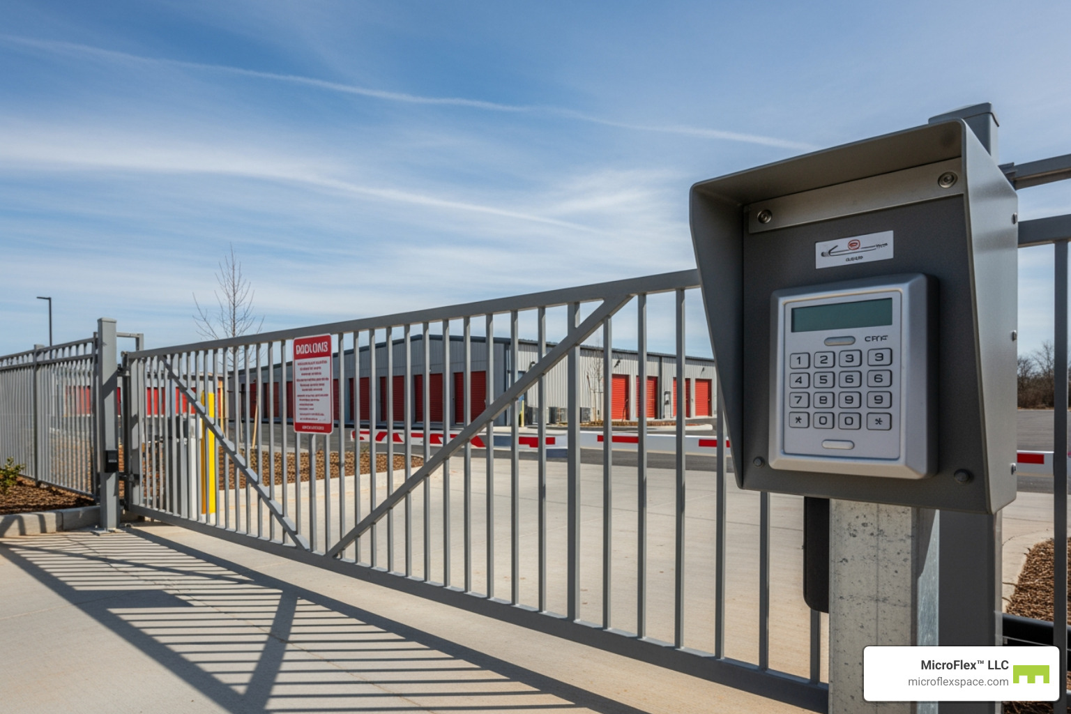 A secure, gated entrance to a MicroFlex™ storage facility with keypad access - temporary vehicle storage A secure, gated entrance to a MicroFlex™ storage facility with keypad access - temporary vehicle storage