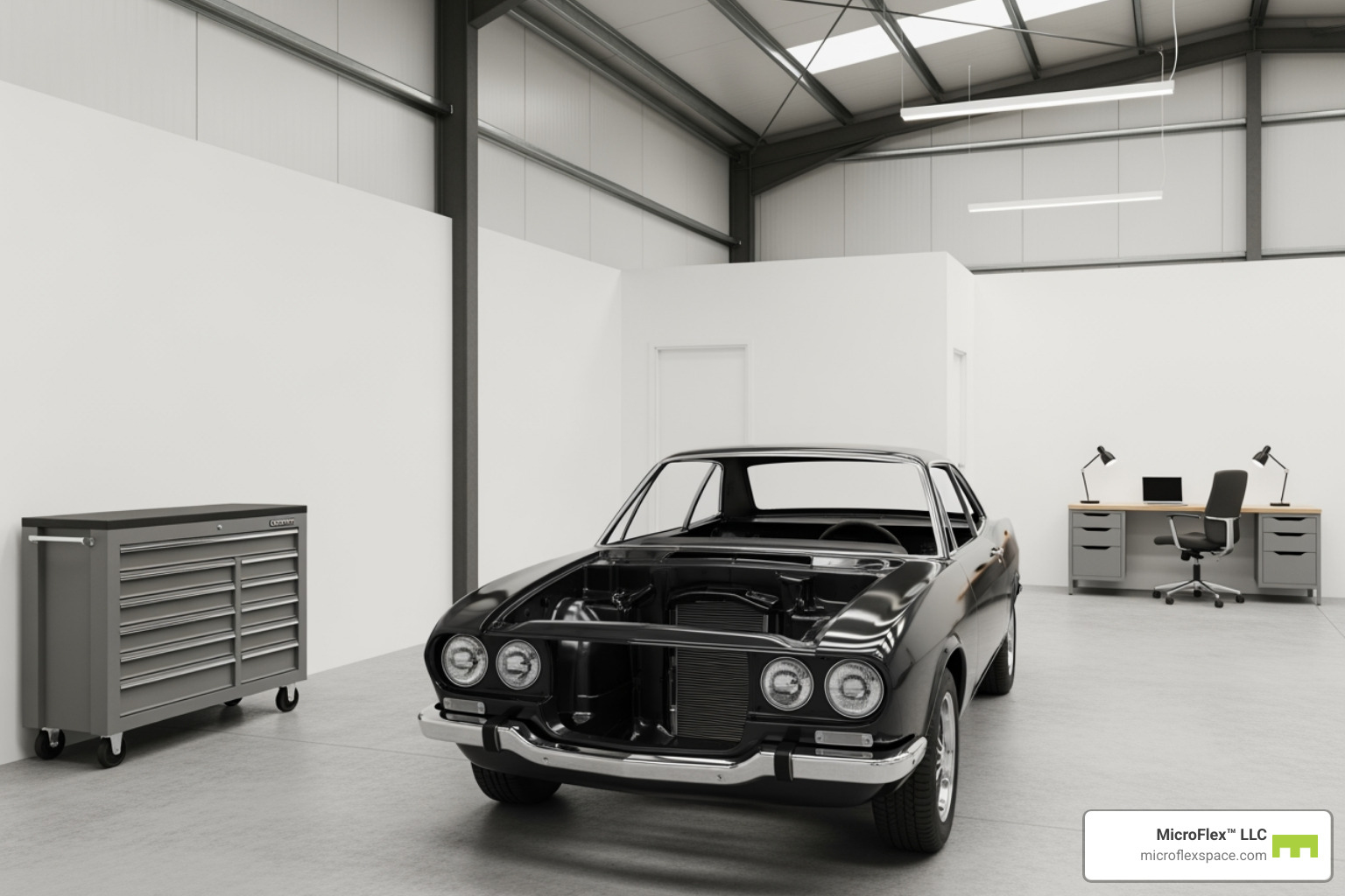 A versatile MicroFlex™ unit with a project car, tool chest, and a small office desk setup - temporary vehicle storage A versatile MicroFlex™ unit with a project car, tool chest, and a small office desk setup - temporary vehicle storage