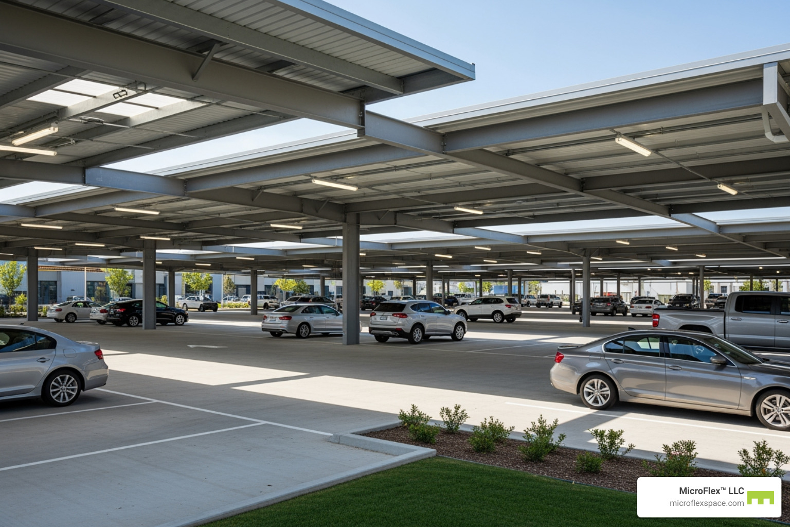 A large, covered MicroFlex™ parking area - temporary vehicle storage A large, covered MicroFlex™ parking area - temporary vehicle storage