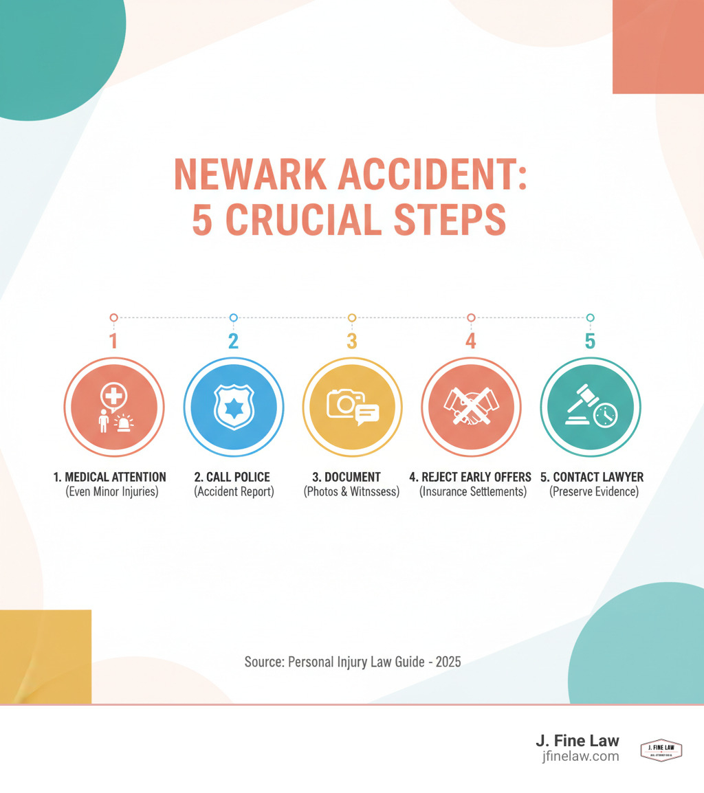 Infographic showing 5 crucial steps after a Newark accident: 1) Seek immediate medical attention even for minor injuries, 2) Call police and get an accident report, 3) Document everything with photos and witness information, 4) Do NOT accept early settlement offers from insurance, 5) Contact a personal injury lawyer within days to preserve evidence - personal injury lawyer newark infographic Infographic showing 5 crucial steps after a Newark accident: 1) Seek immediate medical attention even for minor injuries, 2) Call police and get an accident report, 3) Document everything with photos and witness information, 4) Do NOT accept early settlement offers from insurance, 5) Contact a personal injury lawyer within days to preserve evidence - personal injury lawyer newark infographic