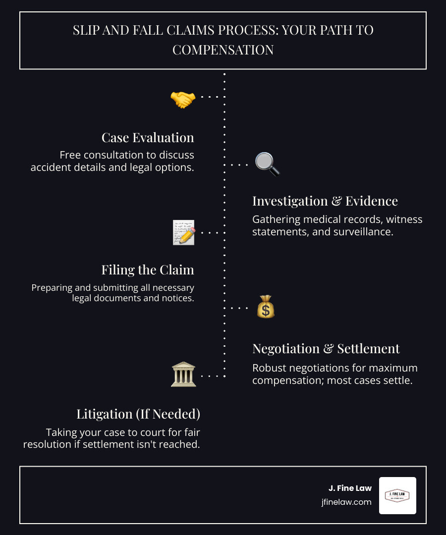Infographic summarizing the claims process from initial consultation to settlement, highlighting key stages and potential timelines - new jersey slip and fall law firm infographic infographic-line-5-steps-dark