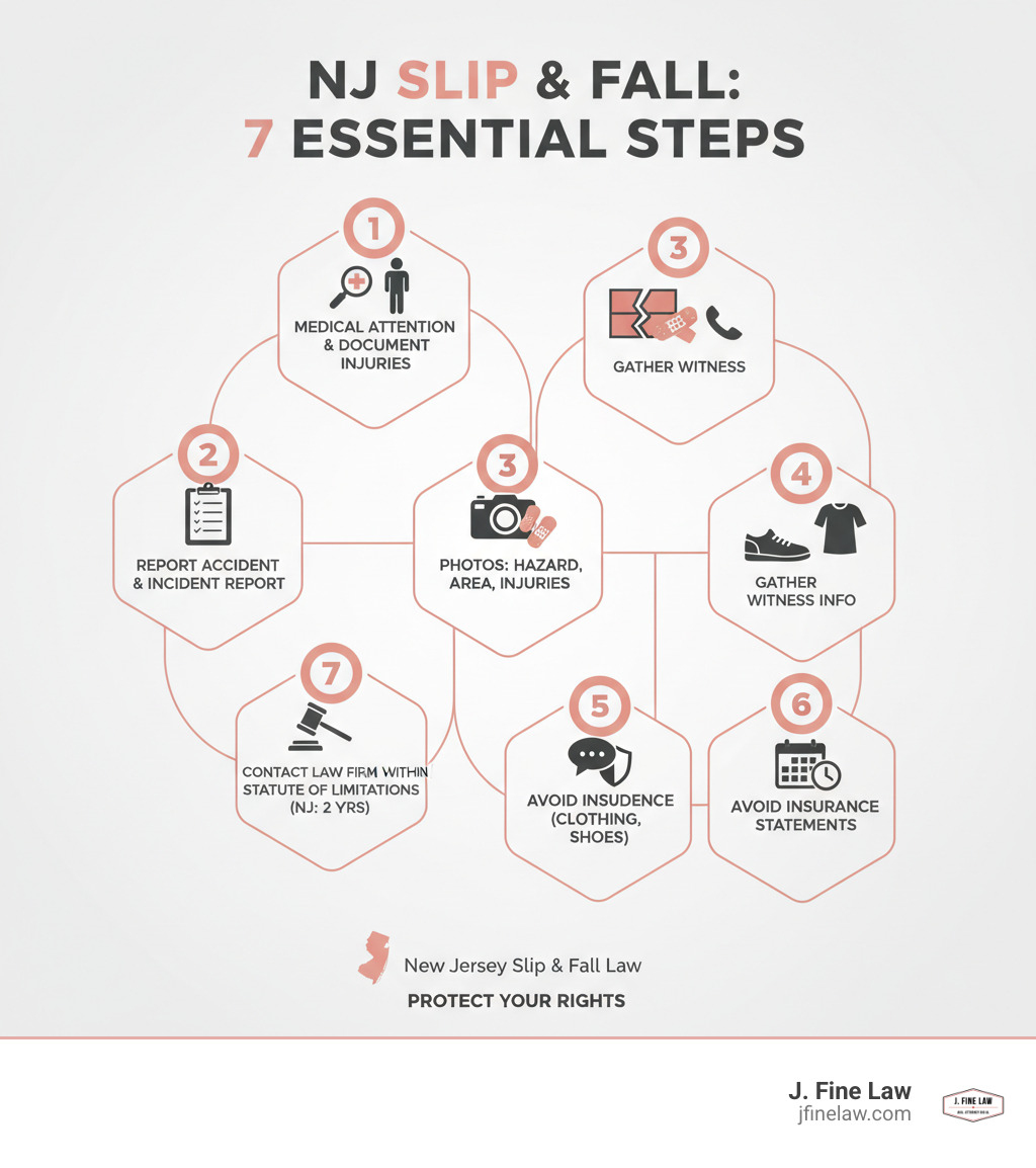 Infographic showing the essential steps after a slip and fall: 1. Seek immediate medical attention and document all injuries 2. Report the accident to property management and request an incident report 3. Take photos of the hazard, surrounding area, and your injuries 4. Gather witness contact information 5. Preserve evidence like clothing and shoes worn during the fall 6. Avoid giving statements to insurance adjusters 7. Contact a New Jersey slip and fall law firm within the statute of limitations - new jersey slip and fall law firm infographic 