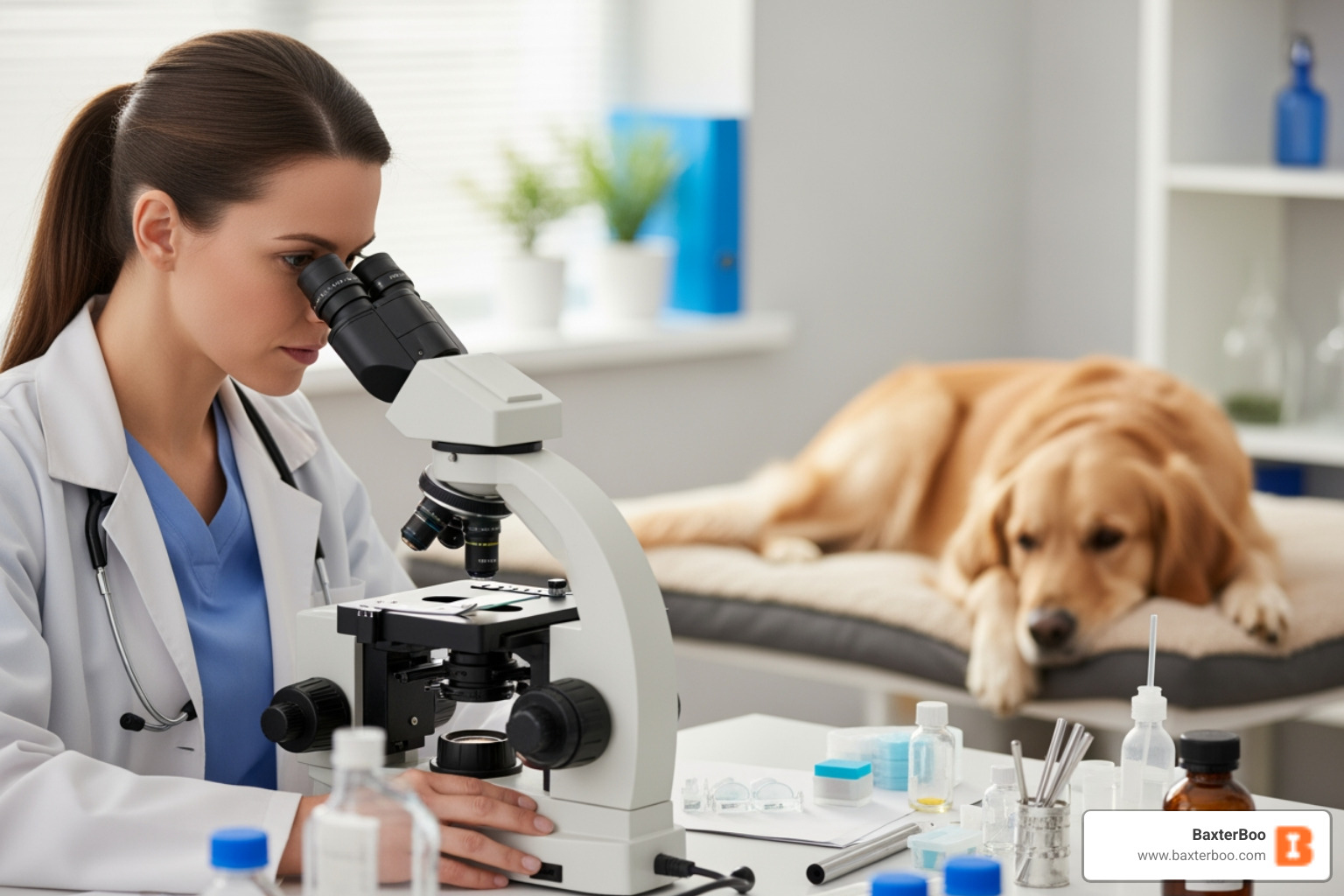 veterinarian looking at a sample under a microscope with a dog in the background - dog leg infection veterinarian looking at a sample under a microscope with a dog in the background - dog leg infection