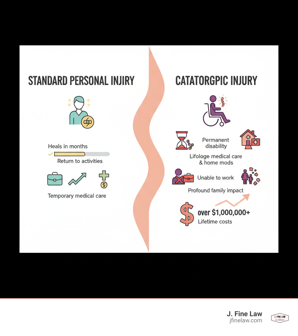 Infographic comparing standard personal injury to catastrophic injury, showing key differences: Standard injuries heal within months with temporary medical care and return to normal activities, while catastrophic injuries involve permanent disability requiring lifelong medical care, home modifications, assistive devices, inability to return to work, profound impact on family and quality of life, and settlements typically exceeding $1 million to cover lifetime costs - Catastrophic injury lawyer Cherry Hill infographic Infographic comparing standard personal injury to catastrophic injury, showing key differences: Standard injuries heal within months with temporary medical care and return to normal activities, while catastrophic injuries involve permanent disability requiring lifelong medical care, home modifications, assistive devices, inability to return to work, profound impact on family and quality of life, and settlements typically exceeding $1 million to cover lifetime costs - Catastrophic injury lawyer Cherry Hill infographic