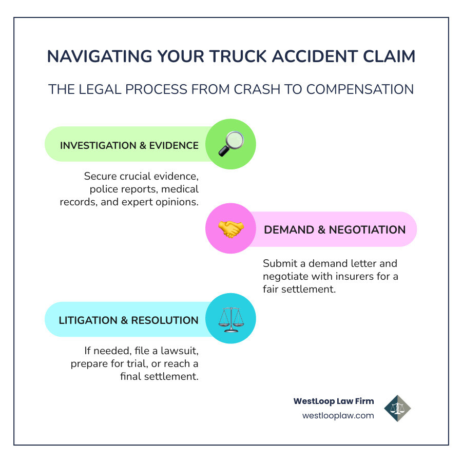 Infographic showing the timeline of a truck accident claim: 1. Crash and Immediate Steps (Day 0-7), 2. Investigation & Evidence Gathering (Week 1-Month 3), 3. Medical Treatment & Recovery (Month 1-Completion), 4. Demand Letter & Negotiation (Month 3-Month 12), 5. Litigation (if needed, Month 6-Trial), 6. Settlement or Trial Verdict (Month 6-Years) - 18 wheeler accident compensation infographic infographic-line-3-steps-colors Infographic showing the timeline of a truck accident claim: 1. Crash and Immediate Steps (Day 0-7), 2. Investigation & Evidence Gathering (Week 1-Month 3), 3. Medical Treatment & Recovery (Month 1-Completion), 4. Demand Letter & Negotiation (Month 3-Month 12), 5. Litigation (if needed, Month 6-Trial), 6. Settlement or Trial Verdict (Month 6-Years) - 18 wheeler accident compensation infographic infographic-line-3-steps-colors