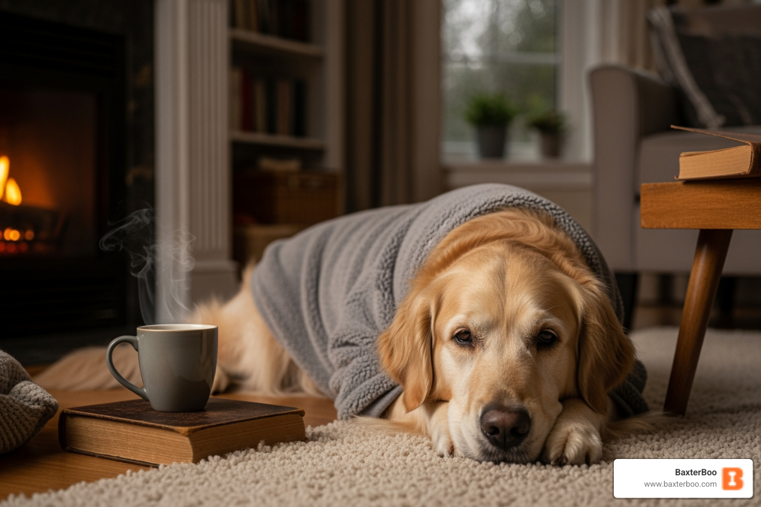 older Golden Retriever relaxing indoors in a soft fleece sweater - xl dog sweater