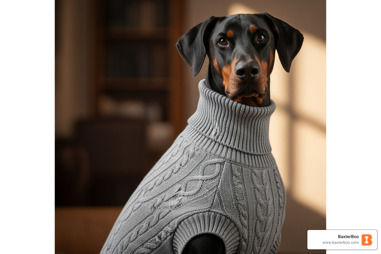 Doberman looking distinguished in a cable-knit turtleneck sweater - xl dog sweater