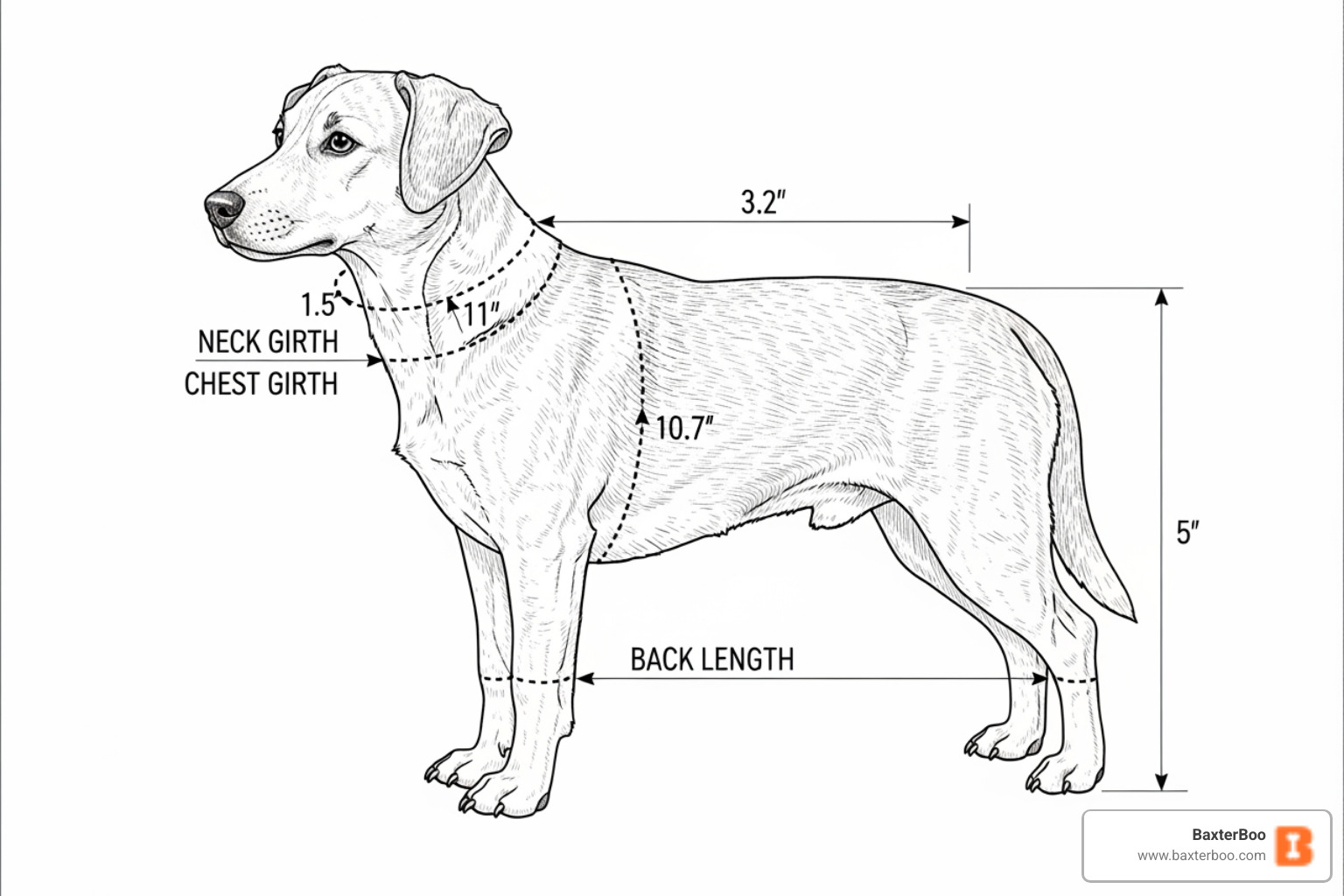 diagram showing measurement points on a small dog (neck, chest, back) - small dog clothes
