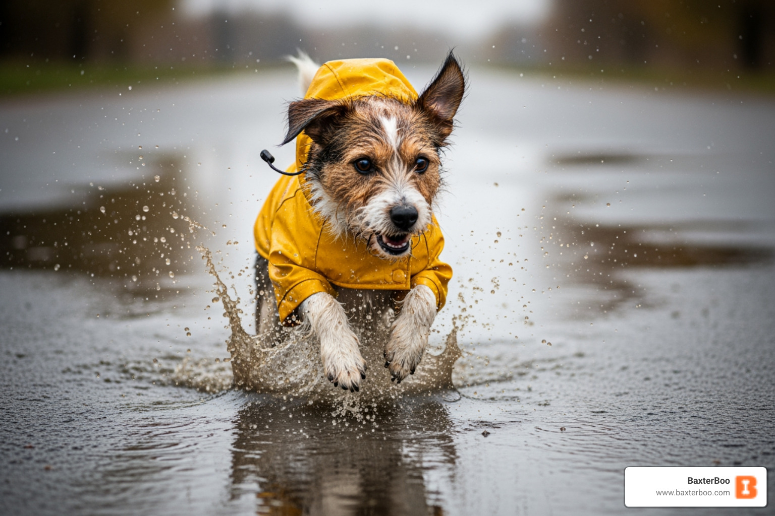 small dog wearing a bright yellow raincoat and splashing in a puddle - small dog clothes