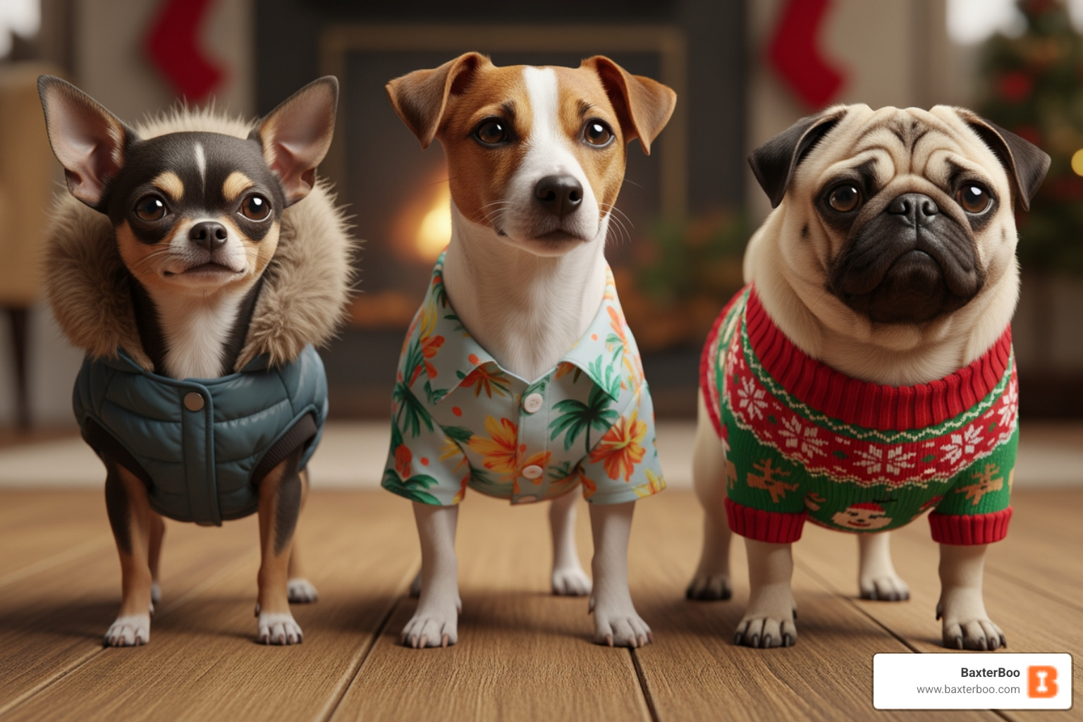 several small dogs together, each wearing a different seasonal outfit (winter coat, summer shirt, holiday sweater) - small dog clothes
