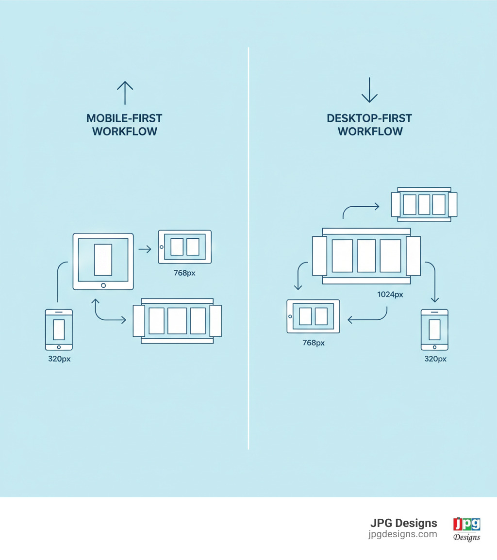 Infographic showing mobile-first workflow: Starting with a simple single-column mobile layout at 320px width, then progressively adding two-column layouts at 768px tablet breakpoint, and finally three-column layouts with sidebars at 1024px desktop breakpoint, compared to desktop-first workflow showing a complex three-column desktop layout being stripped down and simplified for smaller screens - mobile first css infographic 