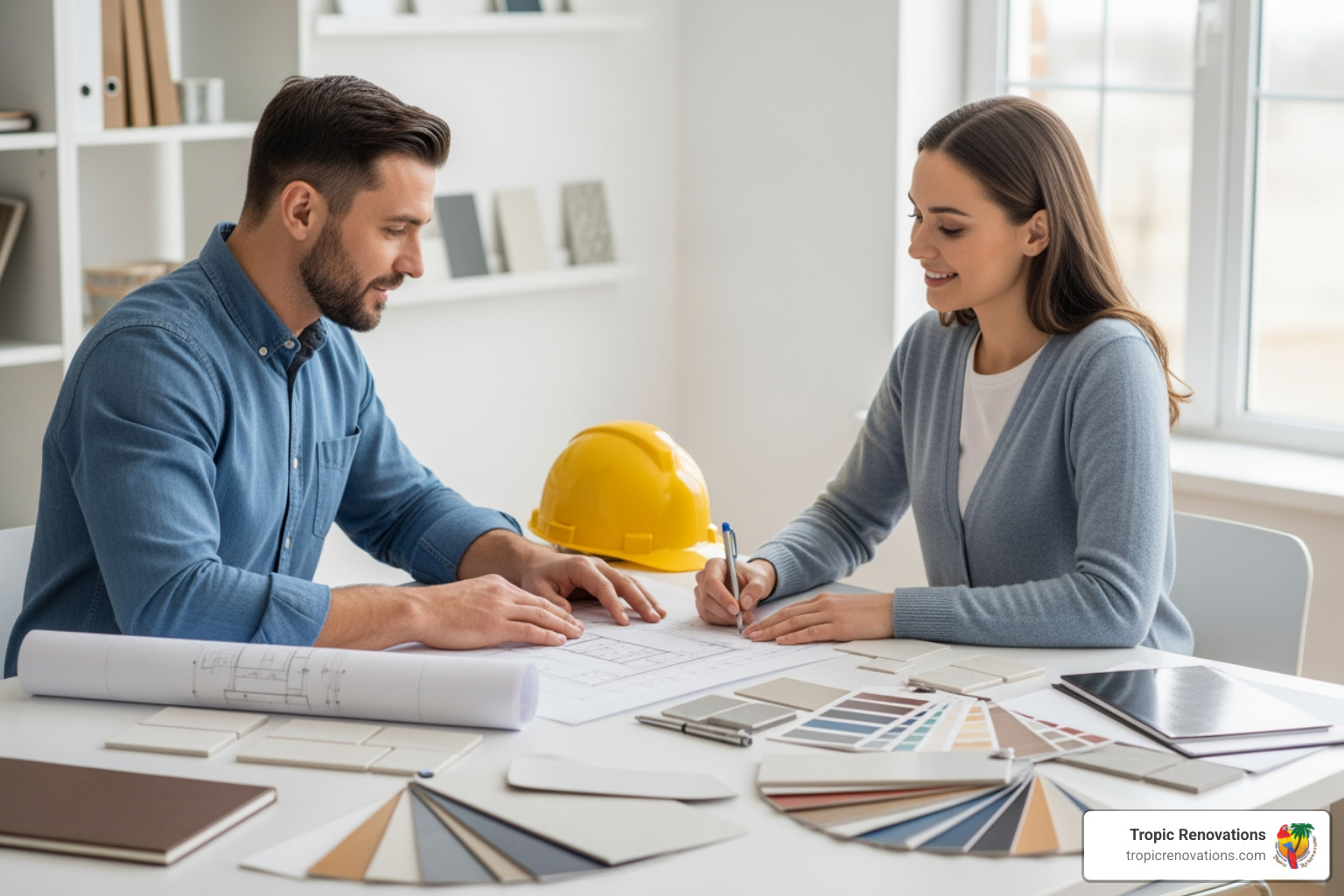 design consultation with a contractor showing blueprints and material samples - bath remodeling sarasota fl