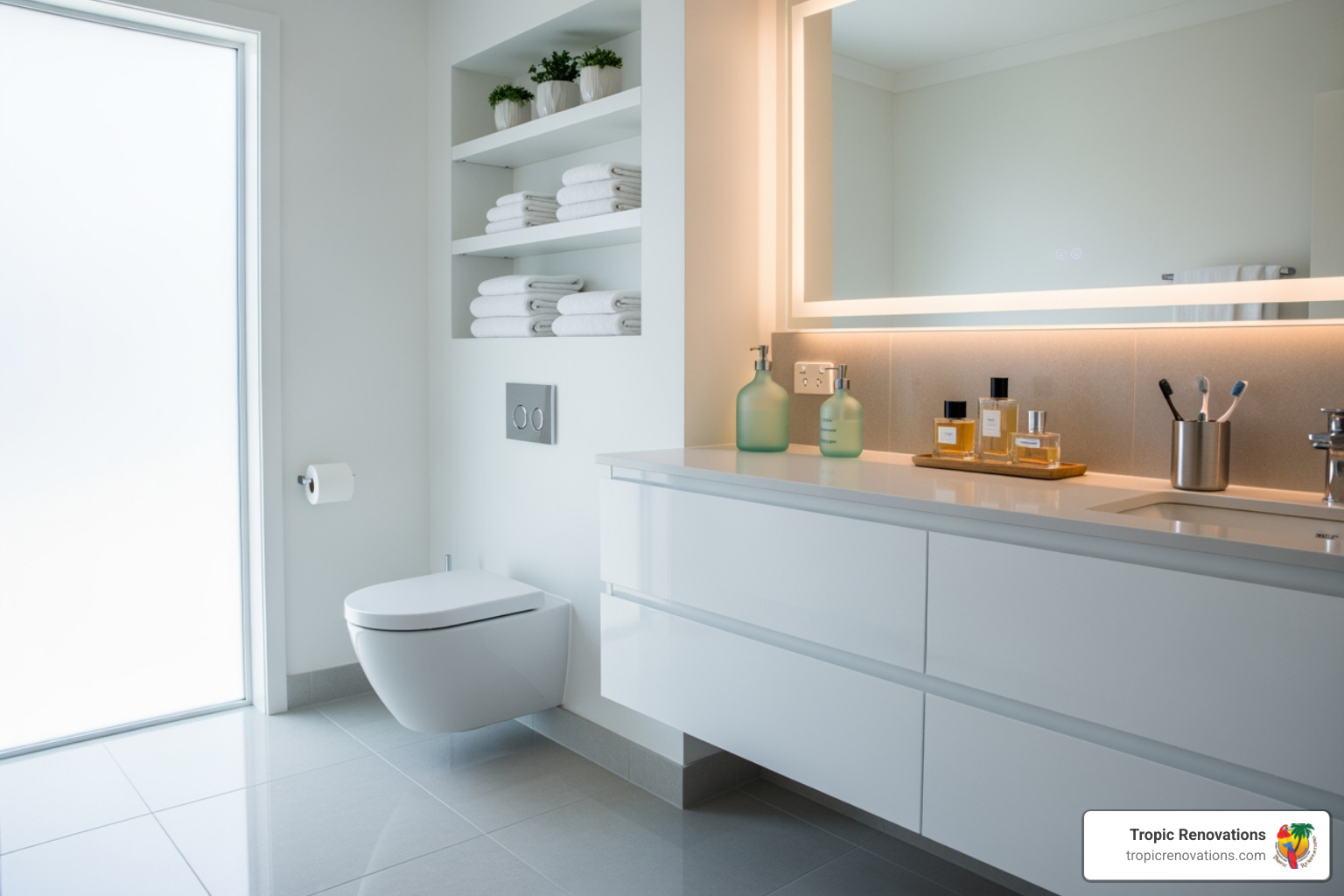 bathroom with clever built-in shelving and a well-organized vanity - bath remodeling sarasota fl