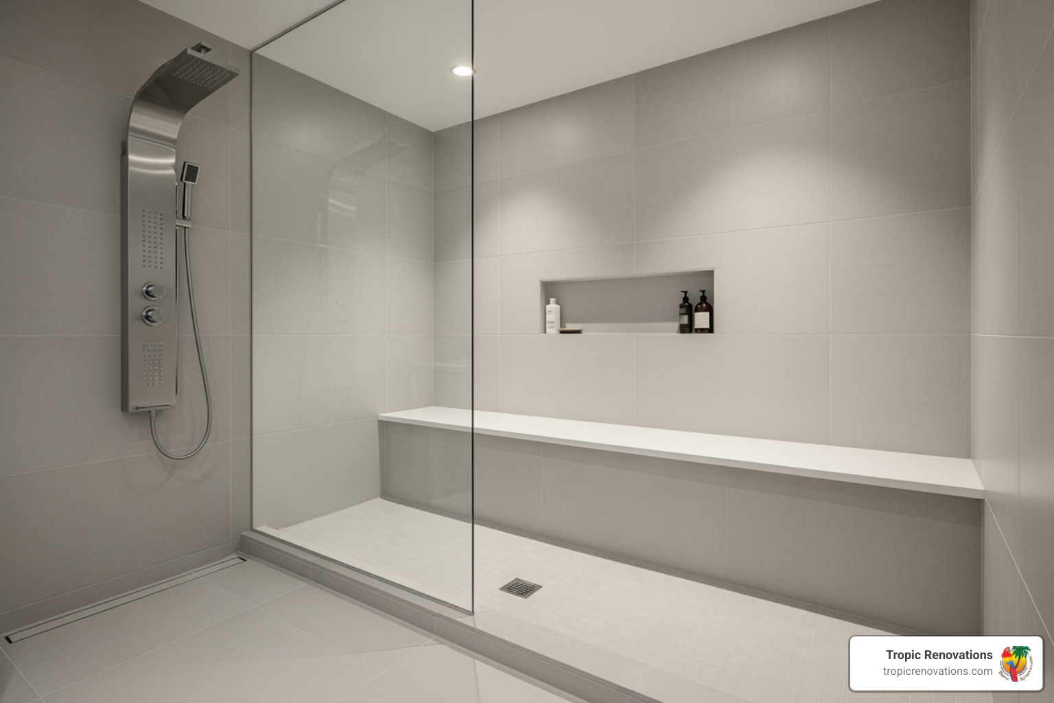 modern, accessible walk-in shower with a bench - bath remodeling sarasota fl