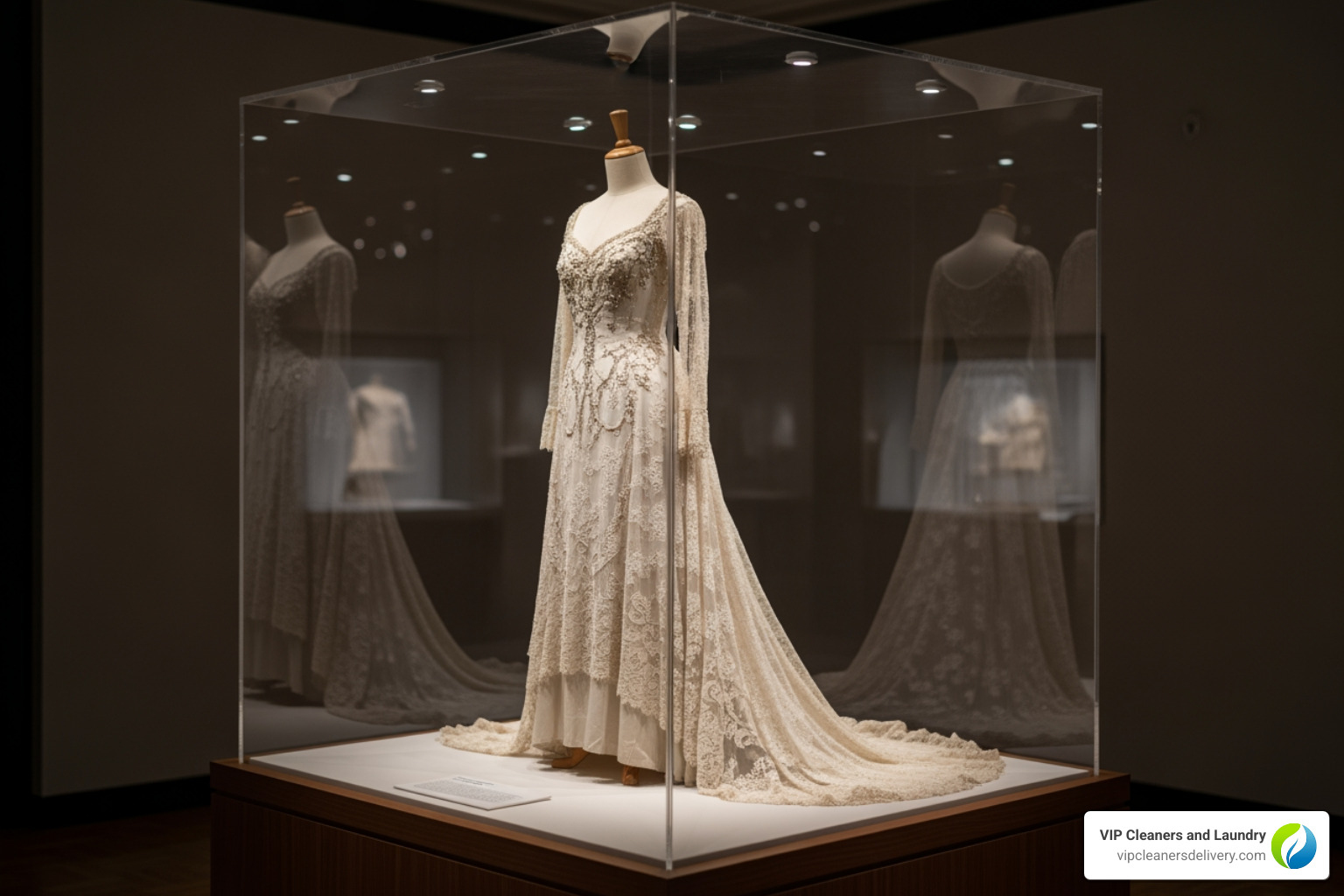 A preserved wedding gown in a display box, showcasing delicate fabric and intricate details - Carmel Mountain dry cleaners A preserved wedding gown in a display box, showcasing delicate fabric and intricate details - Carmel Mountain dry cleaners