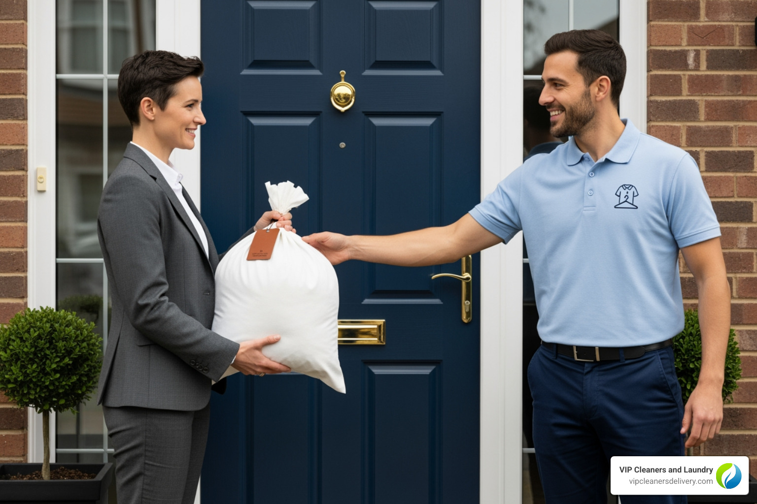 A person in a business suit handing a laundry bag to a friendly delivery driver at their front door - Carmel Mountain dry cleaners A person in a business suit handing a laundry bag to a friendly delivery driver at their front door - Carmel Mountain dry cleaners