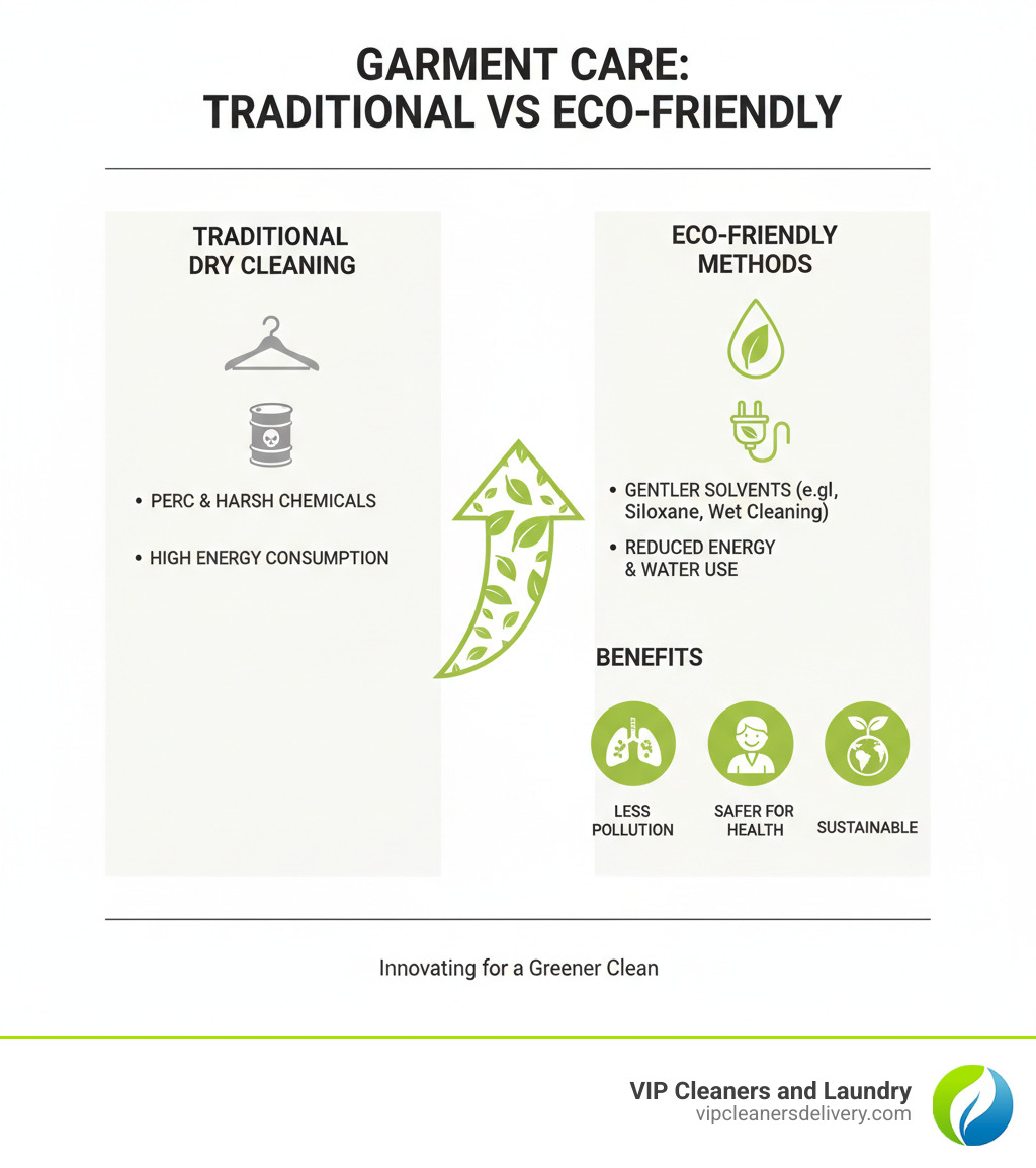 Infographic comparing traditional dry cleaning vs. eco-friendly methods, highlighting benefits like less harsh chemicals and energy efficiency - Carmel Mountain dry cleaners infographic Infographic comparing traditional dry cleaning vs. eco-friendly methods, highlighting benefits like less harsh chemicals and energy efficiency - Carmel Mountain dry cleaners infographic
