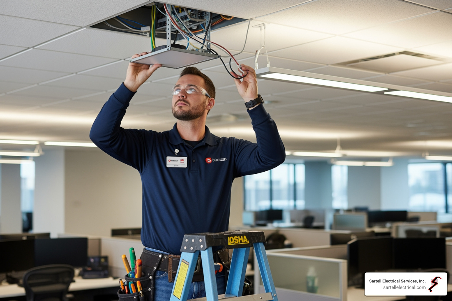 licensed electrician safely installing a commercial lighting fixture - Energy Efficient Lighting Ipswich licensed electrician safely installing a commercial lighting fixture - Energy Efficient Lighting Ipswich