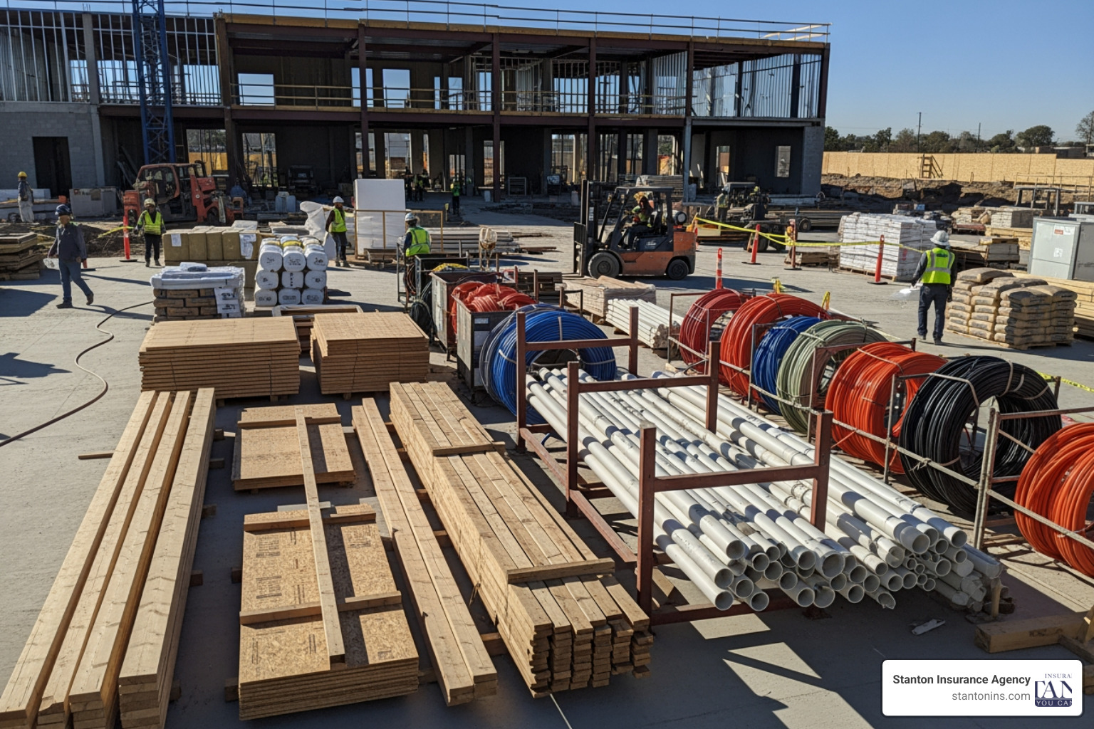 various construction materials like lumber, pipes, and wiring neatly stacked at a job site - What is builder's risk various construction materials like lumber, pipes, and wiring neatly stacked at a job site - What is builder's risk