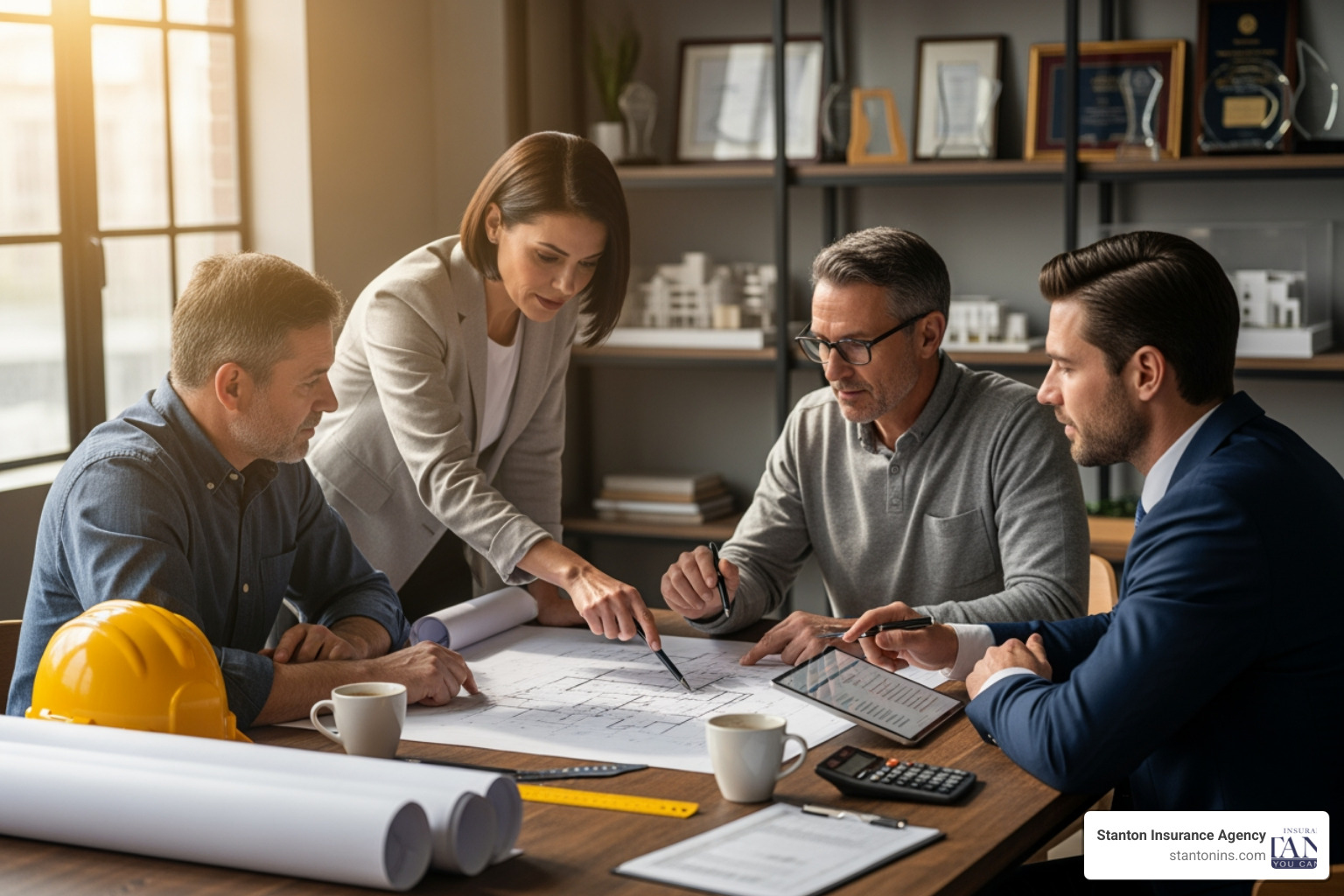 property owner, general contractor, and banker reviewing blueprints - What is builder's risk property owner, general contractor, and banker reviewing blueprints - What is builder's risk