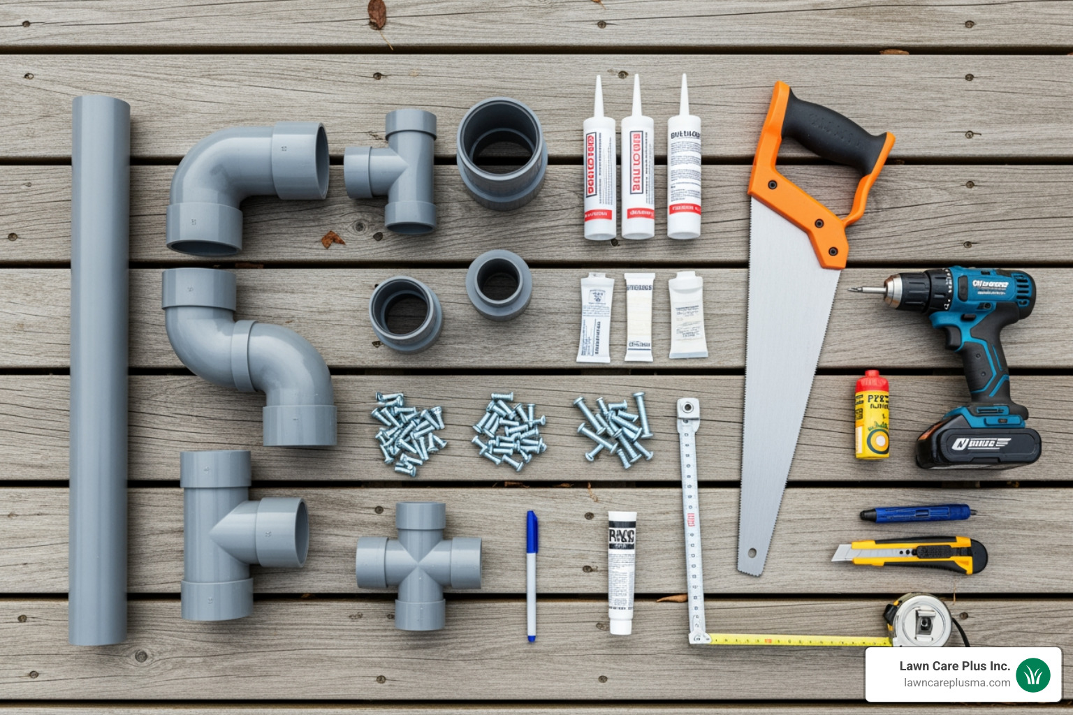 tools and materials laid out for a deck drainage installation - porch drainage system