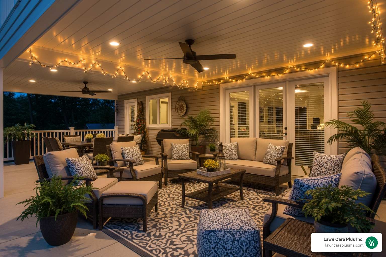 stylish under-deck area with furniture, lighting, and a ceiling fan - porch drainage system