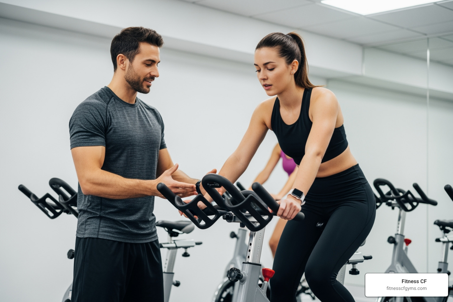 an instructor helping a new rider adjust their bike settings - spin classes orlando
