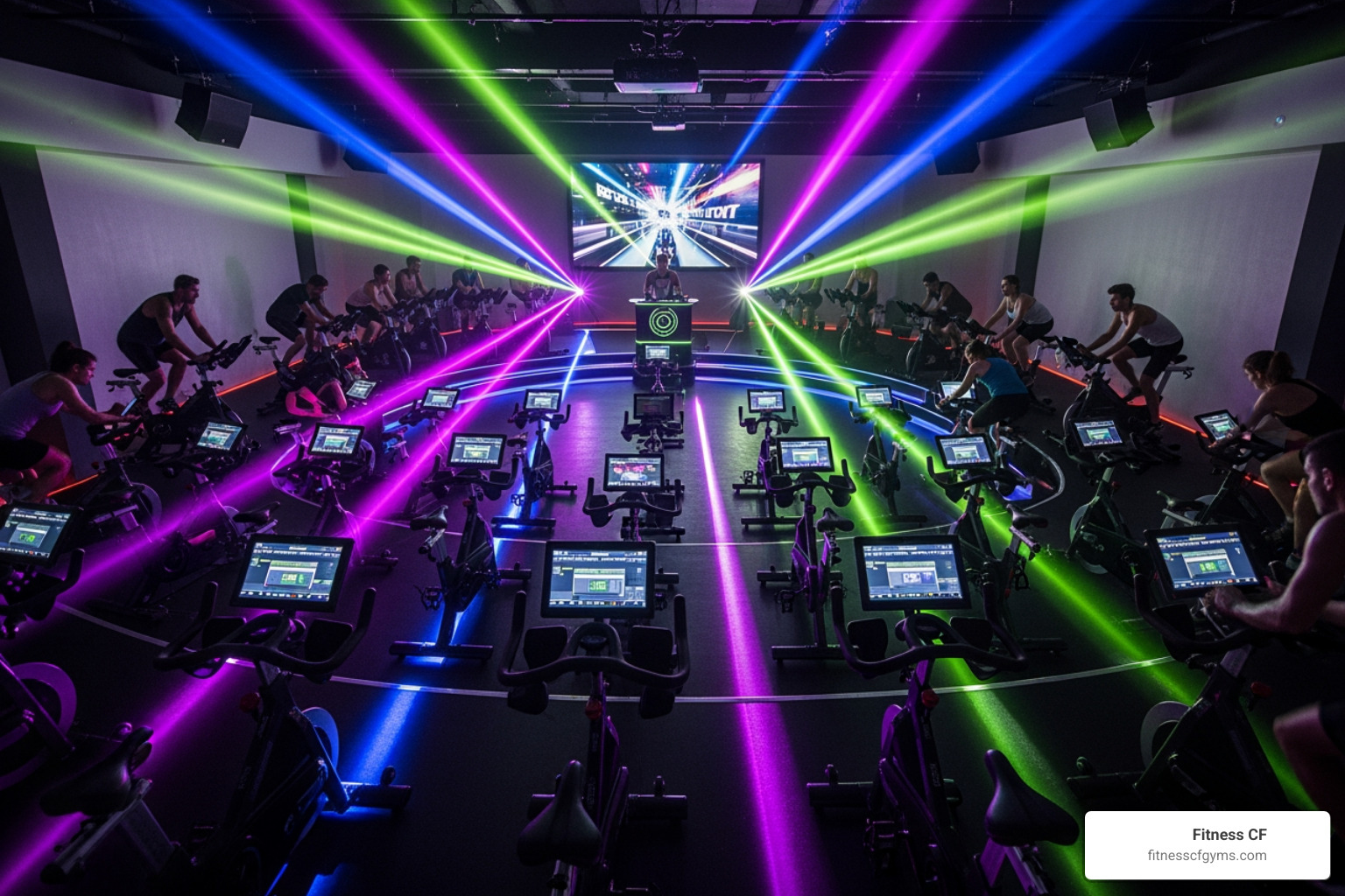 a spin studio with dynamic, colorful lighting - spin classes orlando