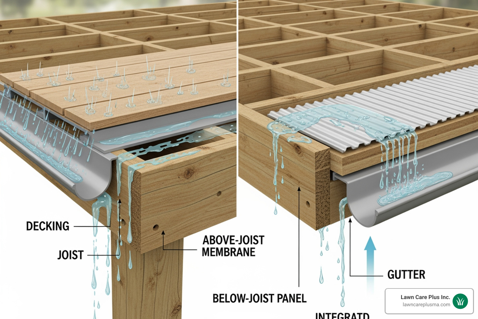 cutaway view of different drainage system types installed on a deck frame - porch drainage system