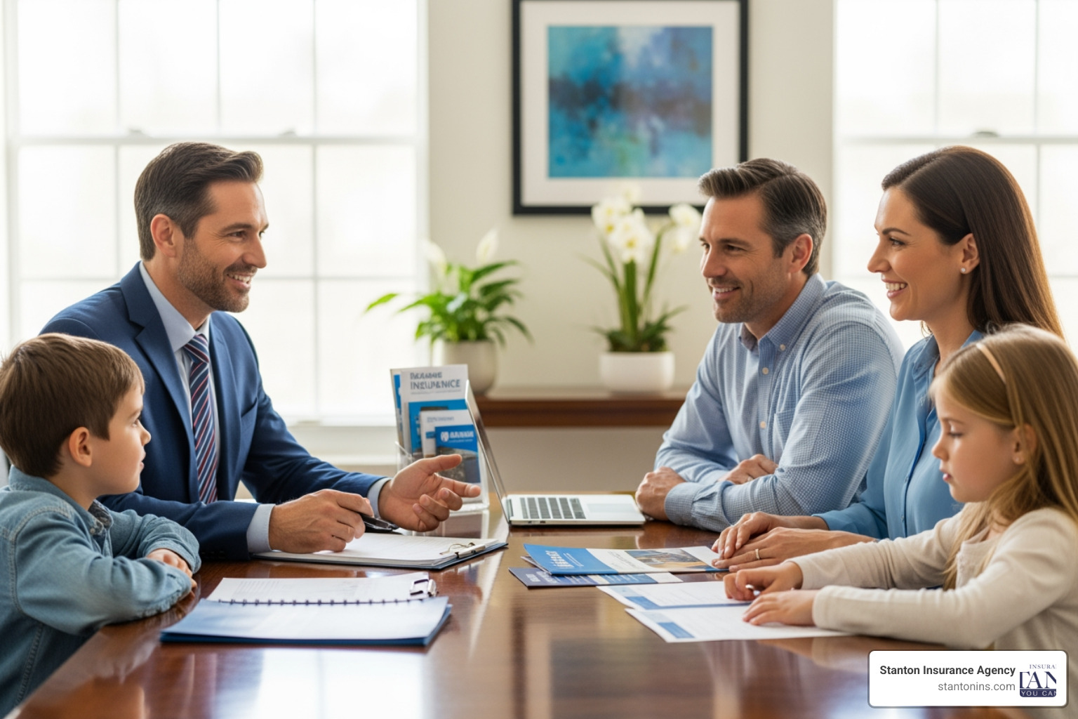 friendly insurance agent talking to a family - whats better limited collision or collision coverage