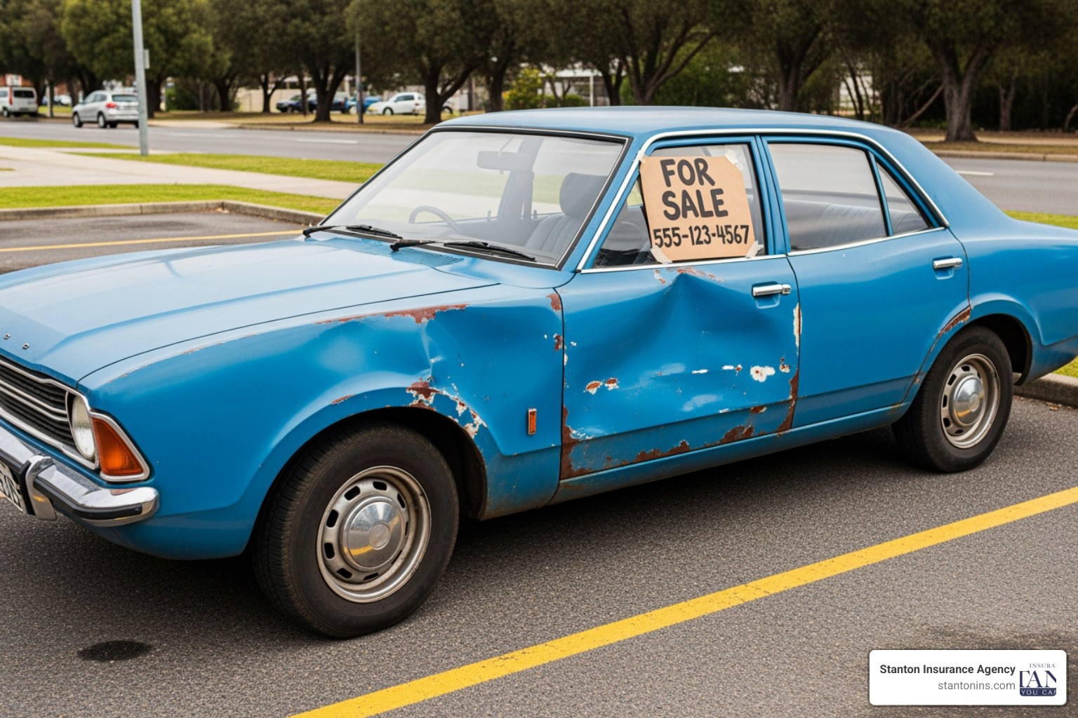 car with a "For Sale" sign next to an older, dented car - whats better limited collision or collision coverage