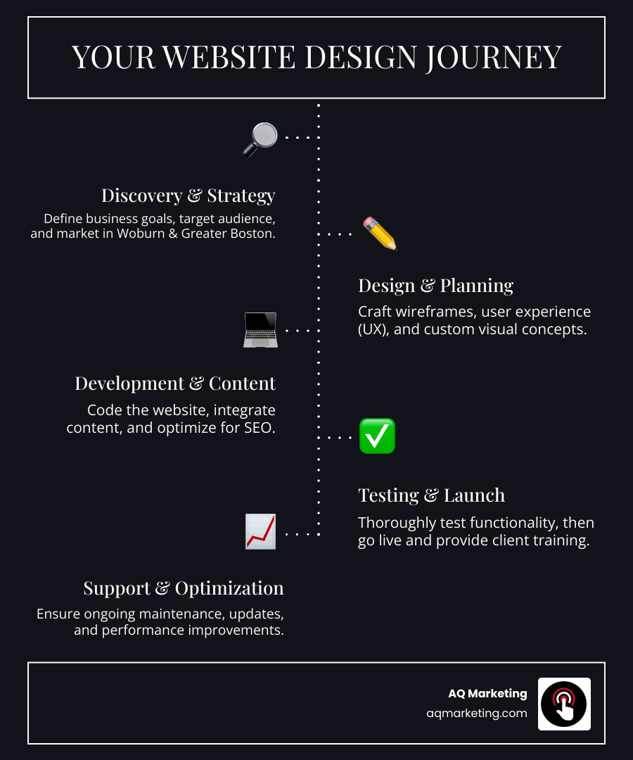 Infographic showing the website design journey: Discovery & Strategy → Planning & Wireframing → Custom Design → Development & Coding → Content Integration & SEO → Testing & Quality Assurance → Launch & Training → Ongoing Support & Optimization. Each stage includes key deliverables for Woburn and Greater Boston area businesses. - website design Woburn MA infographic infographic-line-5-steps-dark Infographic showing the website design journey: Discovery & Strategy → Planning & Wireframing → Custom Design → Development & Coding → Content Integration & SEO → Testing & Quality Assurance → Launch & Training → Ongoing Support & Optimization. Each stage includes key deliverables for Woburn and Greater Boston area businesses. - website design Woburn MA infographic infographic-line-5-steps-dark