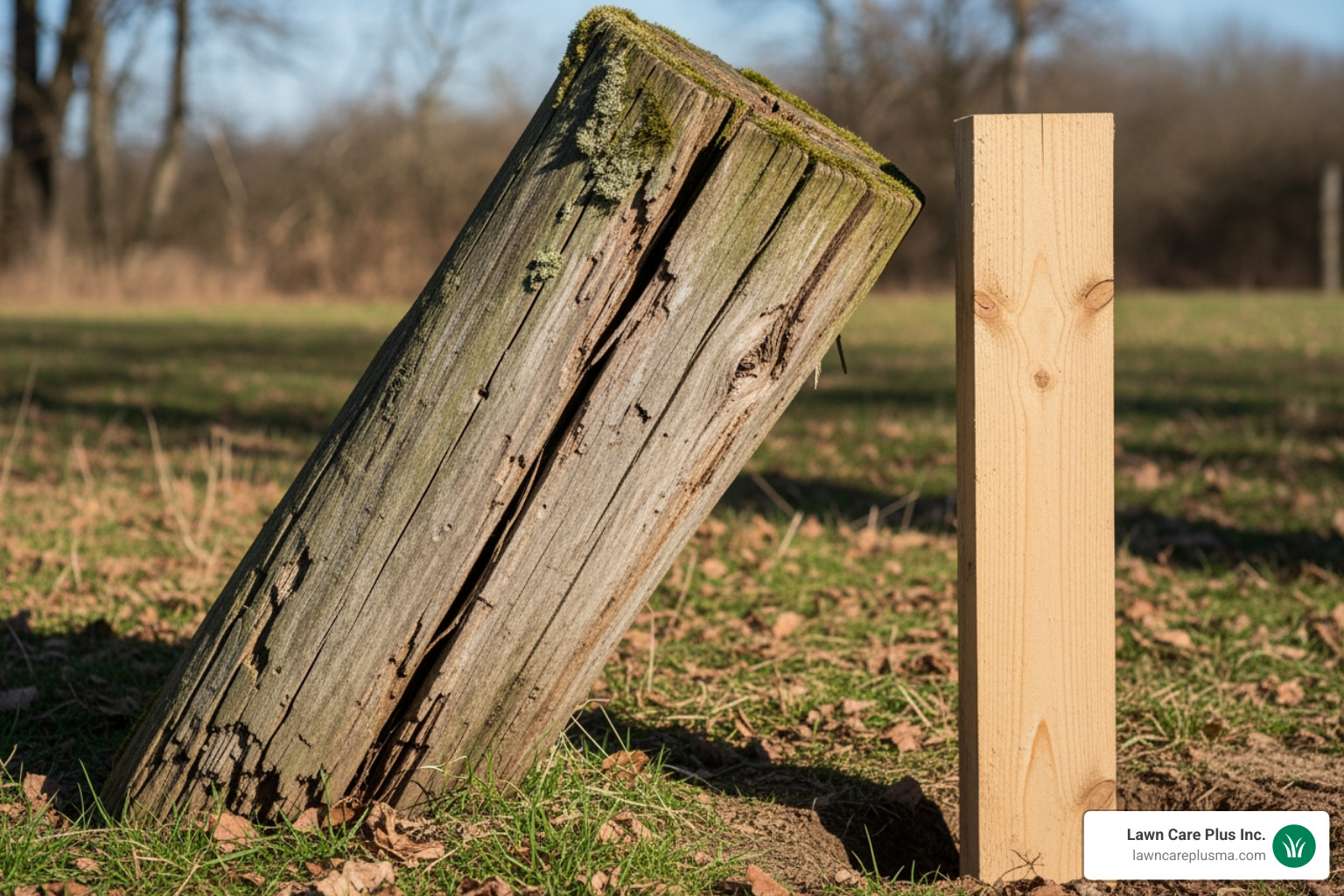 leaning fence post next to a newly repaired one - fence companies close to me