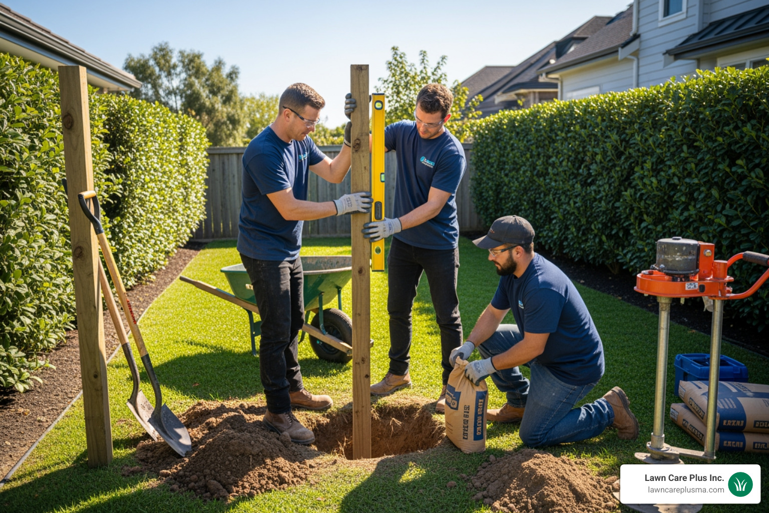 professional team installing a fence post - fence companies close to me