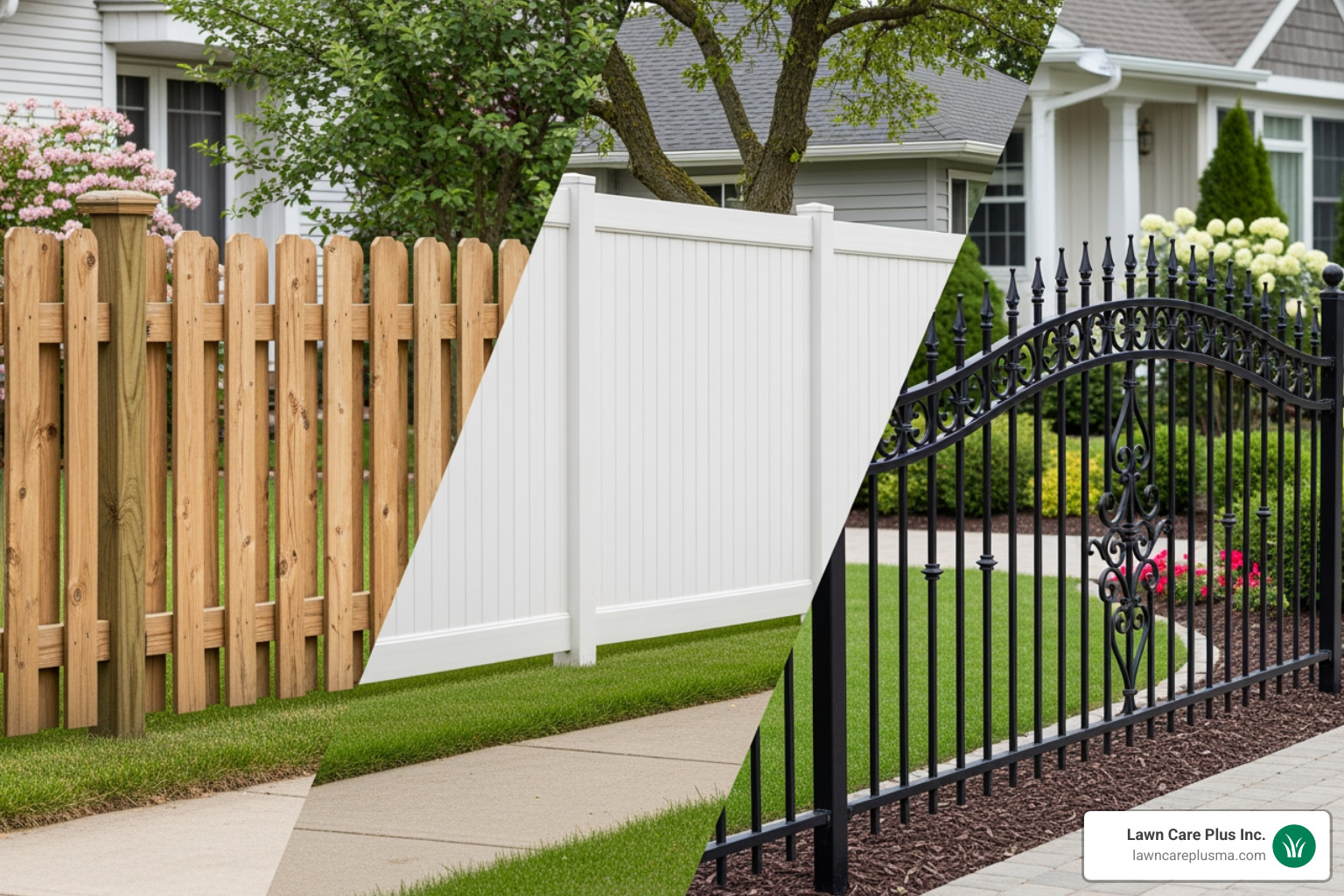 collage showing different fence materials like wood, vinyl, and iron - fence companies close to me