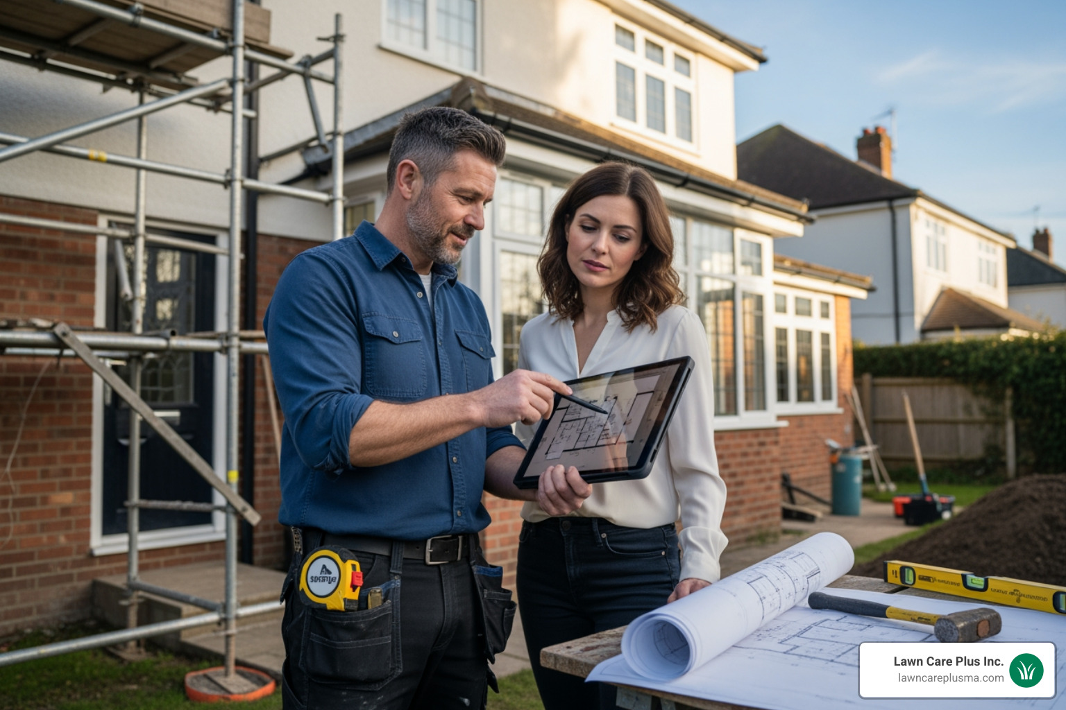 contractor discussing plans with a homeowner - paver contractor near me
