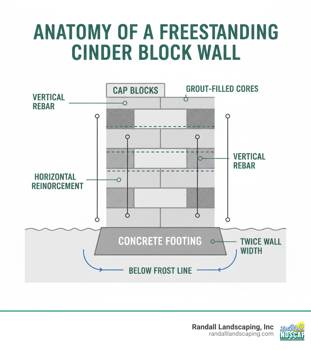 Detailed infographic showing the anatomy of a freestanding cinder block wall with labeled components: concrete footing (twice wall width, below frost line), vertical rebar placement every 4 feet, staggered block courses in running bond pattern, horizontal reinforcement, grout-filled cores, and cap blocks on top - freestanding cinder block wall infographic 