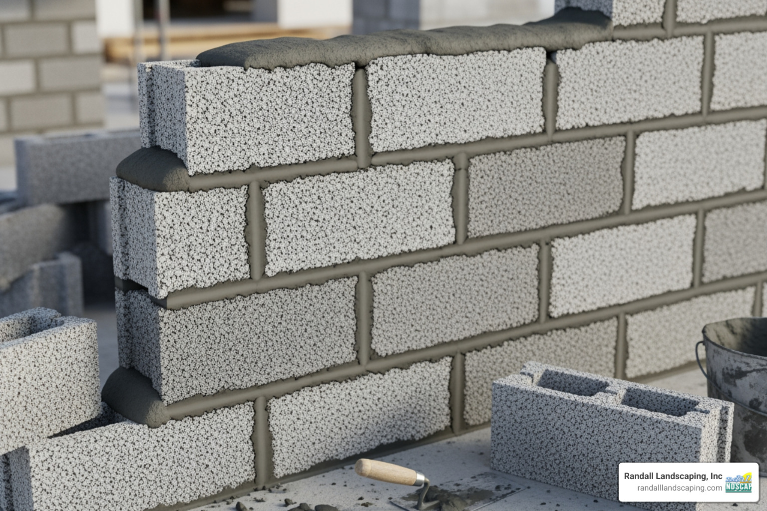 Cinder block wall under construction with staggered running bond pattern - freestanding cinder block wall