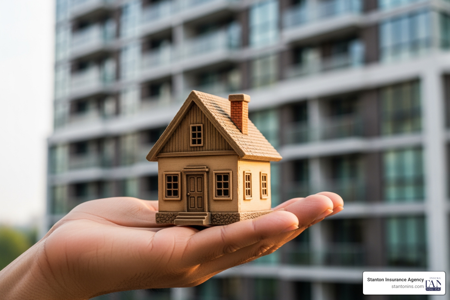 A hand holding a small house figurine, symbolizing security and protection, with a blurred condo building in the background. - condominium insurance coverage A hand holding a small house figurine, symbolizing security and protection, with a blurred condo building in the background. - condominium insurance coverage