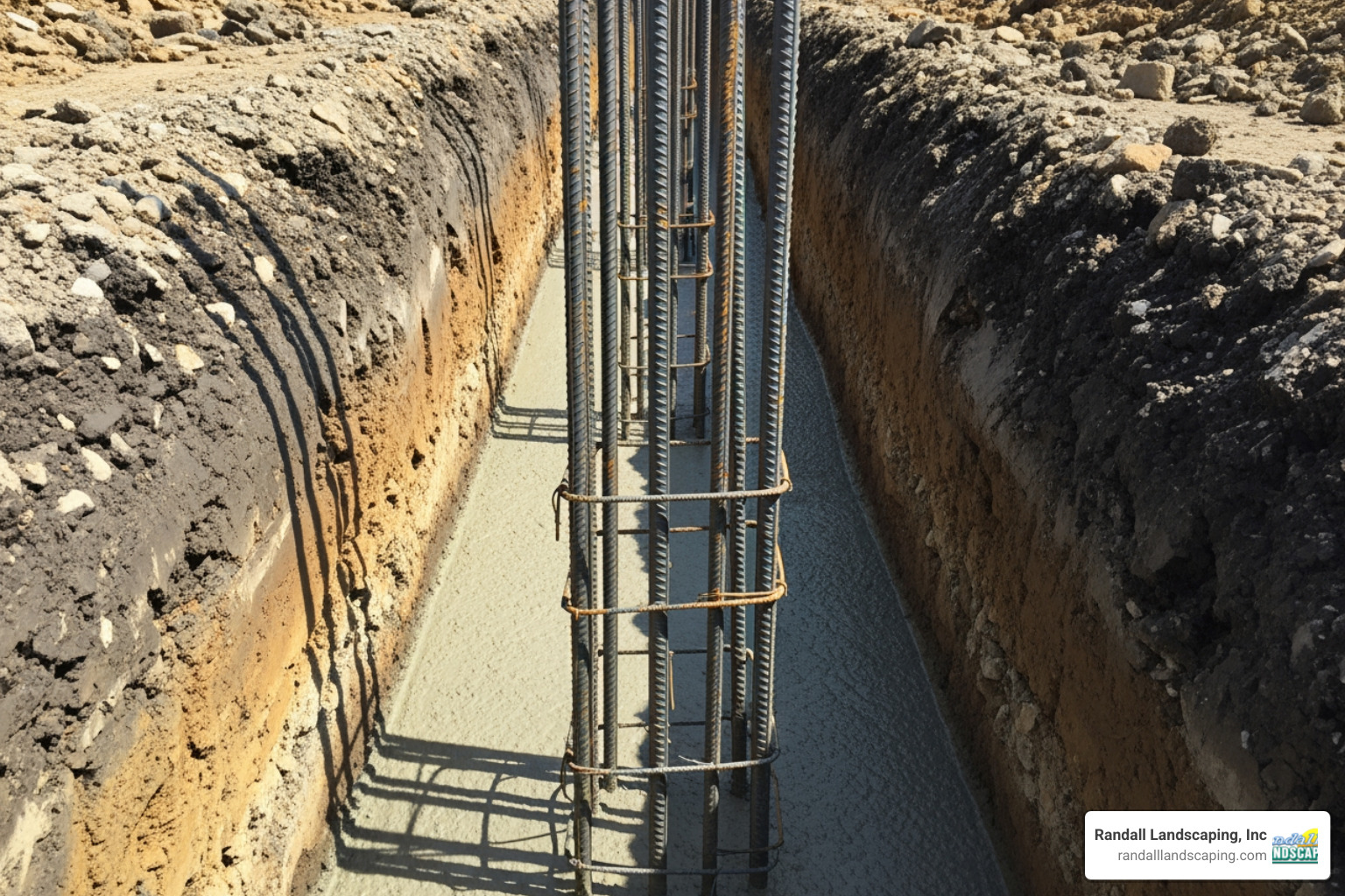 Prepared trench with concrete footing and rebar - freestanding cinder block wall