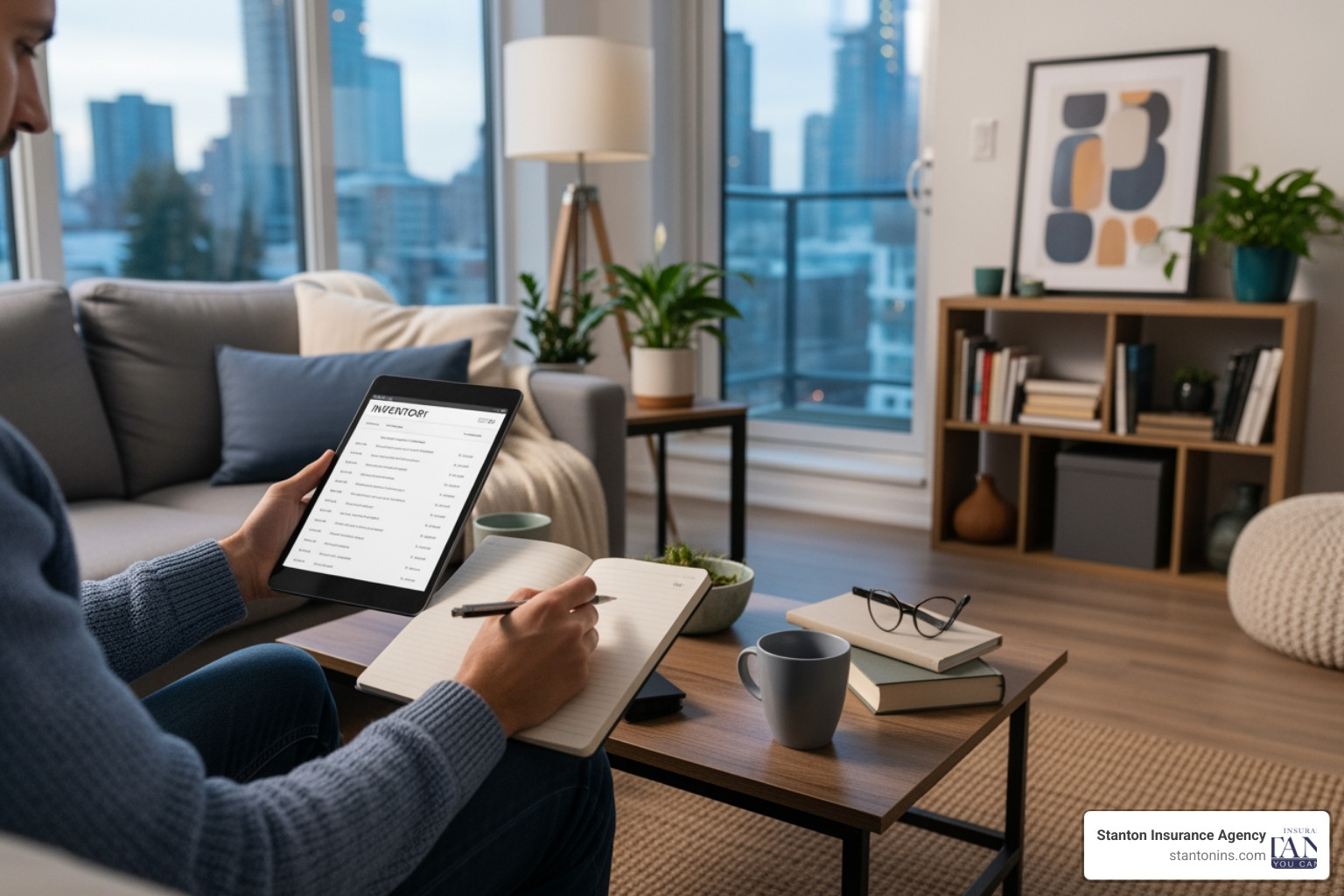 A person taking inventory of their belongings in their condo for insurance purposes, with a tablet and notebook. - condominium insurance coverage A person taking inventory of their belongings in their condo for insurance purposes, with a tablet and notebook. - condominium insurance coverage