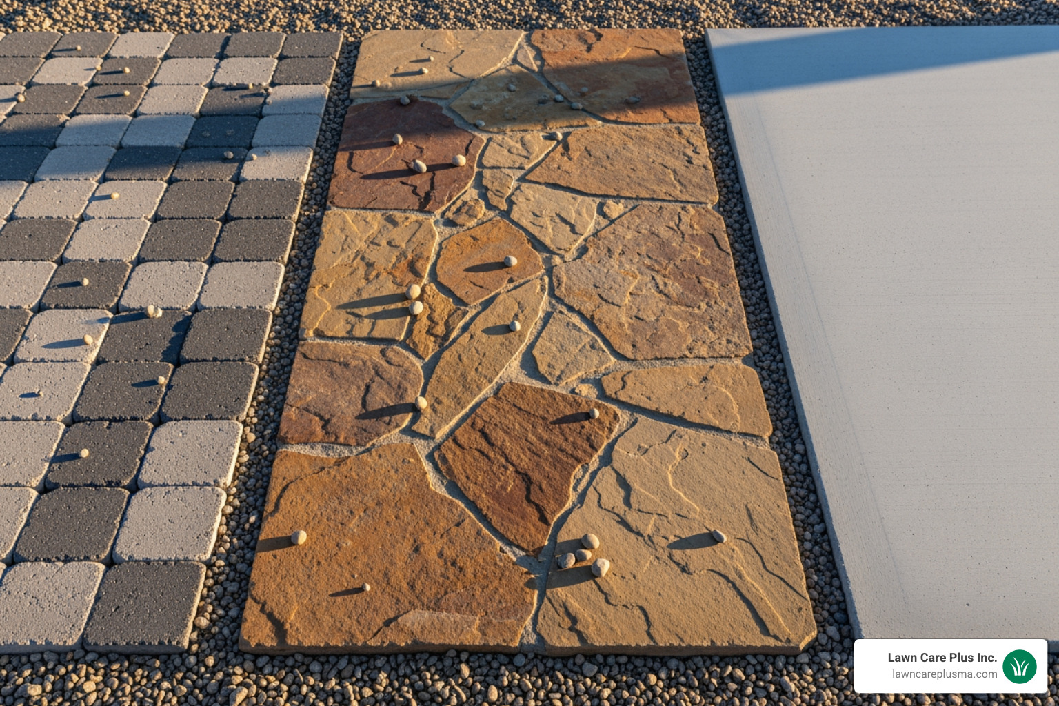 various patio material samples like pavers, flagstone, and concrete - backyard patio cost