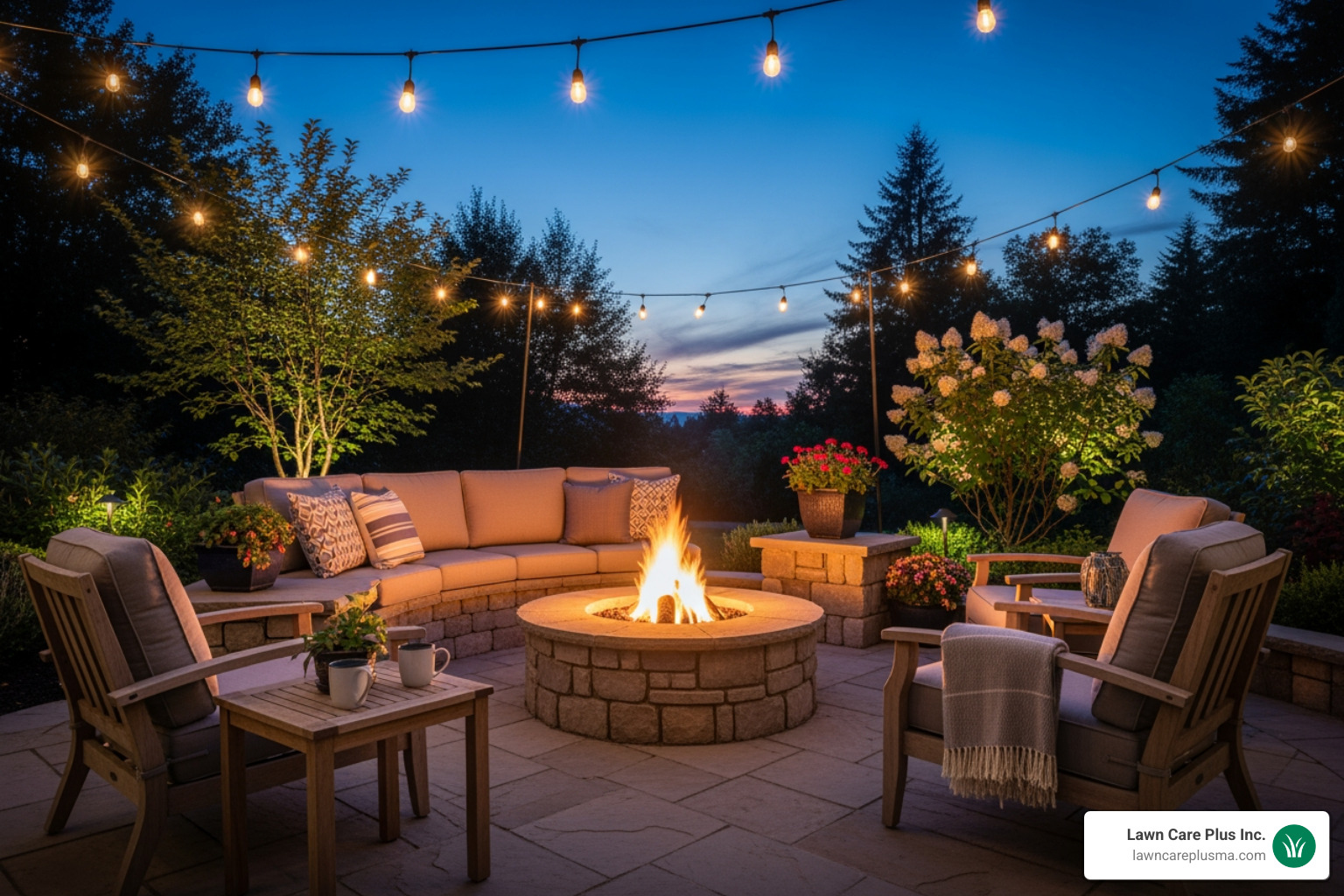 patio with a fire pit and ambient lighting - backyard patio cost