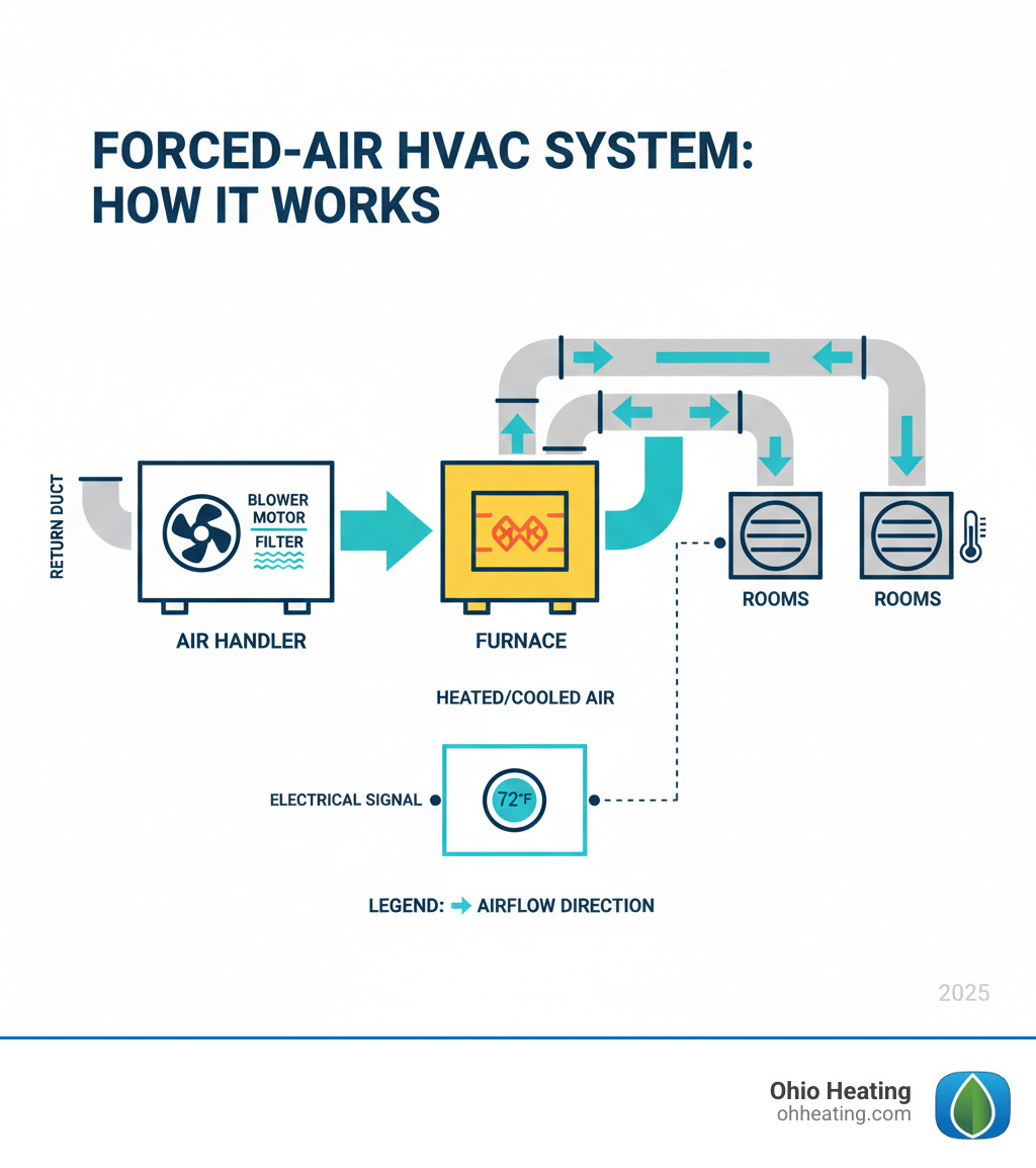 Infographic showing how a blower motor connects to the furnace, ductwork, and thermostat in a forced-air HVAC system, with arrows indicating airflow direction through the air handler, filter, heat exchanger, and distribution to rooms - Blower motor replacement infographic 