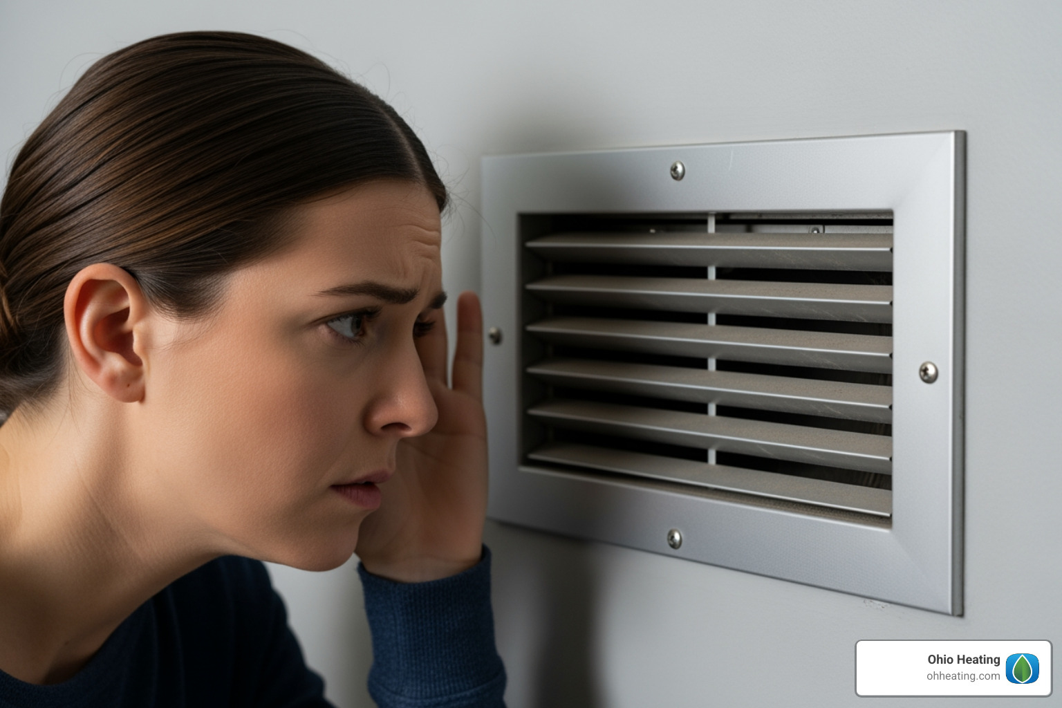 A person listening to their air vent with a concerned expression - Blower motor replacement